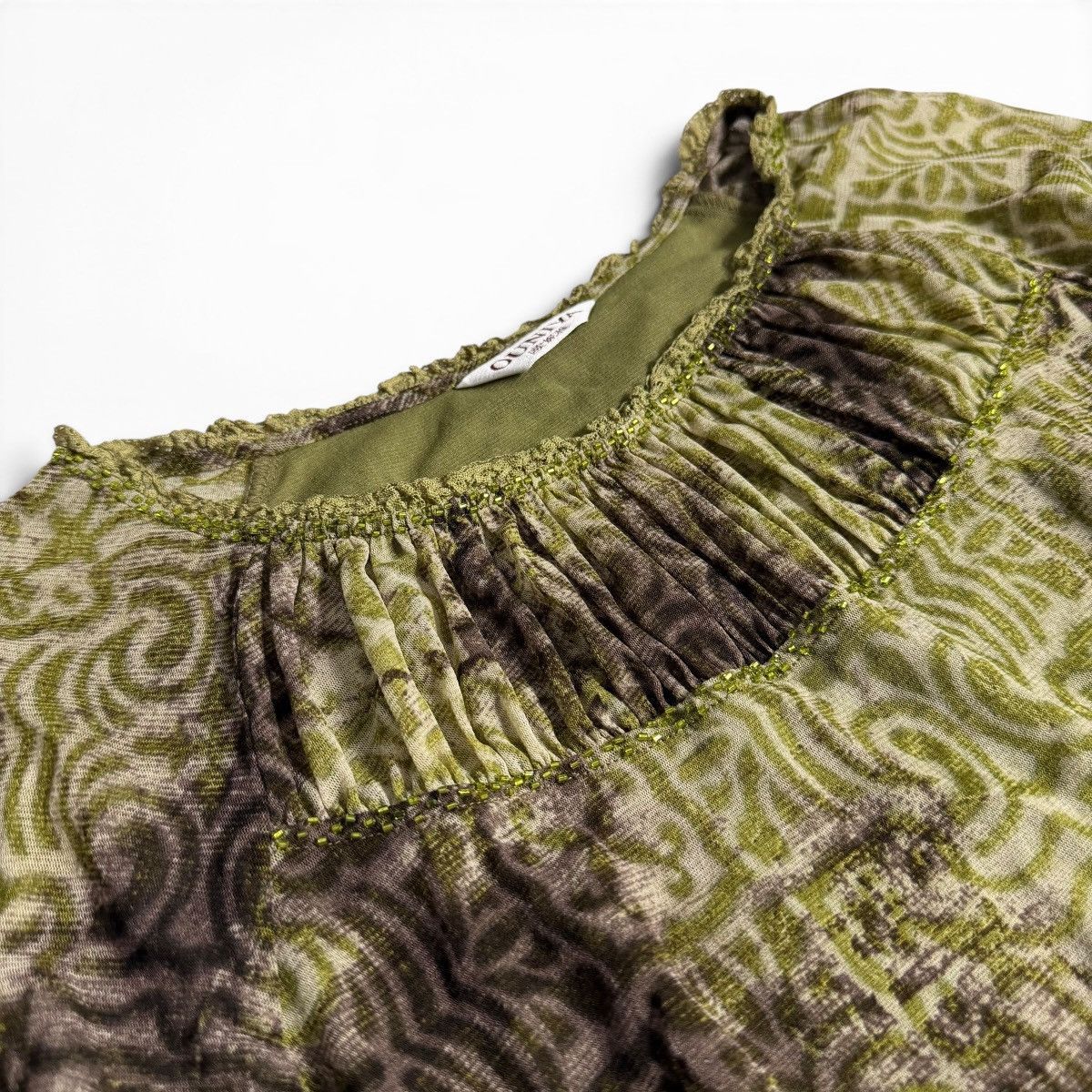 Other Earthy Green & Brown Pattern Beaded Ruffle Neck Mesh Blouse Size M / US 6-8 / IT 42-44 - 3 Thumbnail