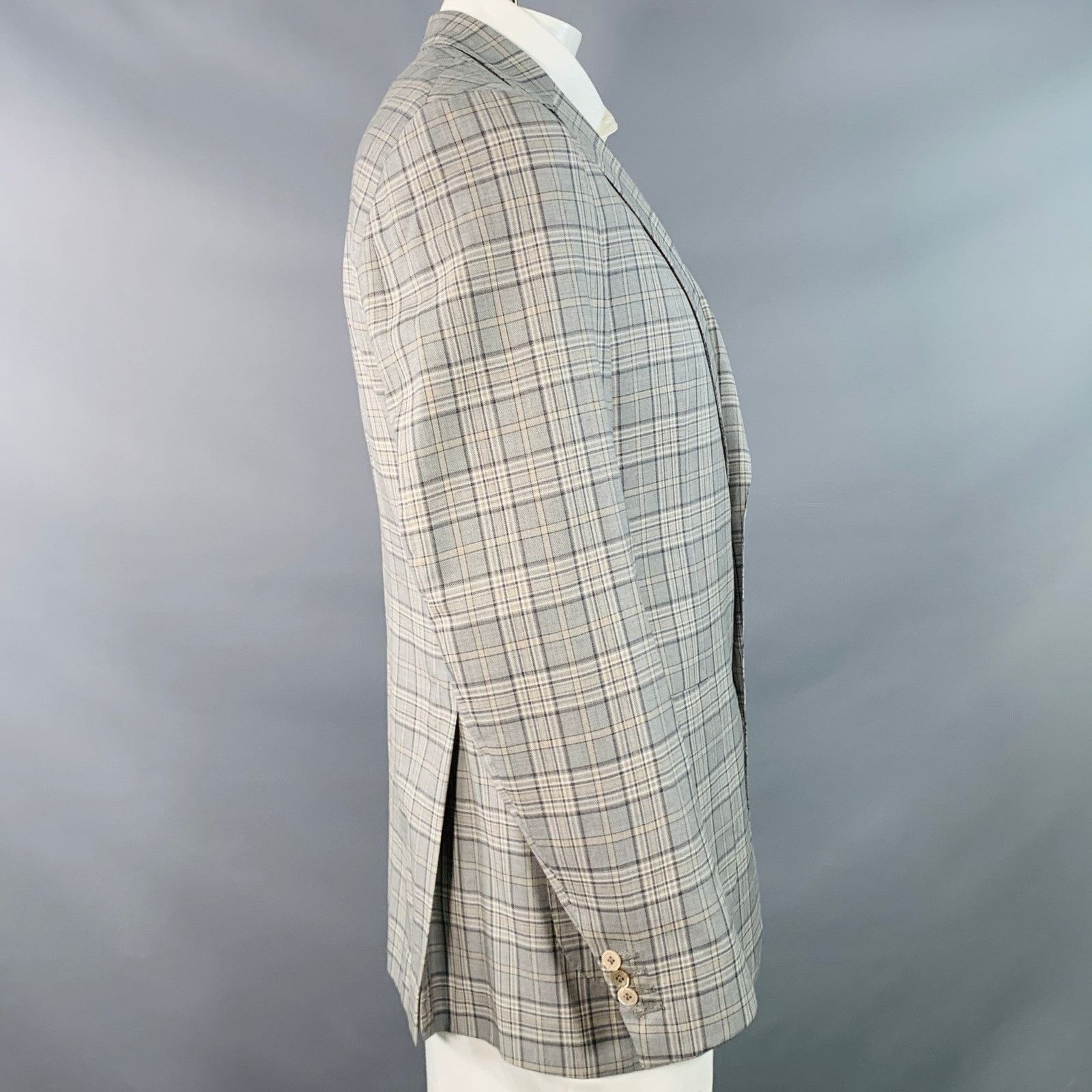 Isaia ISAIA 44 Long Grey Taupe Plaid Wool Notch Lapel Sport Coat Size 44R - 2 Thumbnail