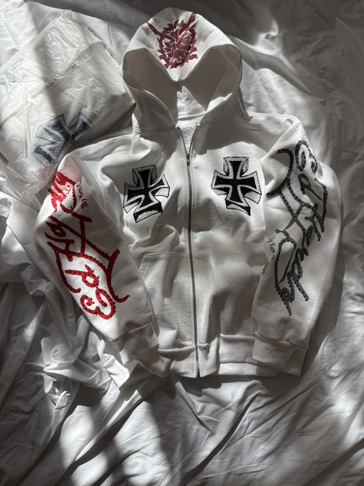 Ken Carson × Edhardy zip up hoodie Ed Hardy X Ken Carson Xman Mens Rhinestone Zip Hoodie Black