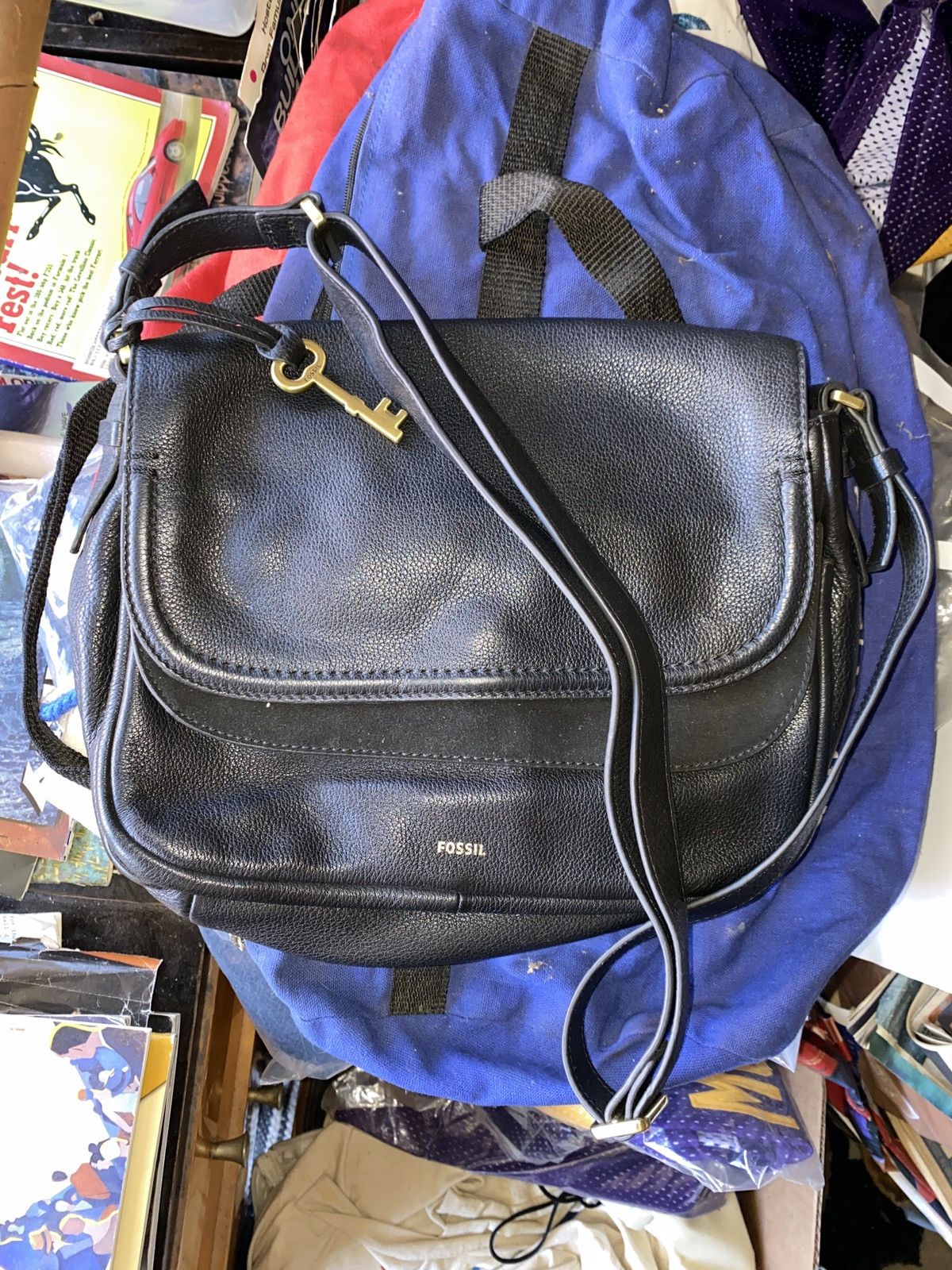Designer × Fossil × Louis Vuitton BLACK LEATHER Fossil PEYTON L DOUBLE FLAP CROSSBODY Purse Size ONE SIZE - 3 Thumbnail