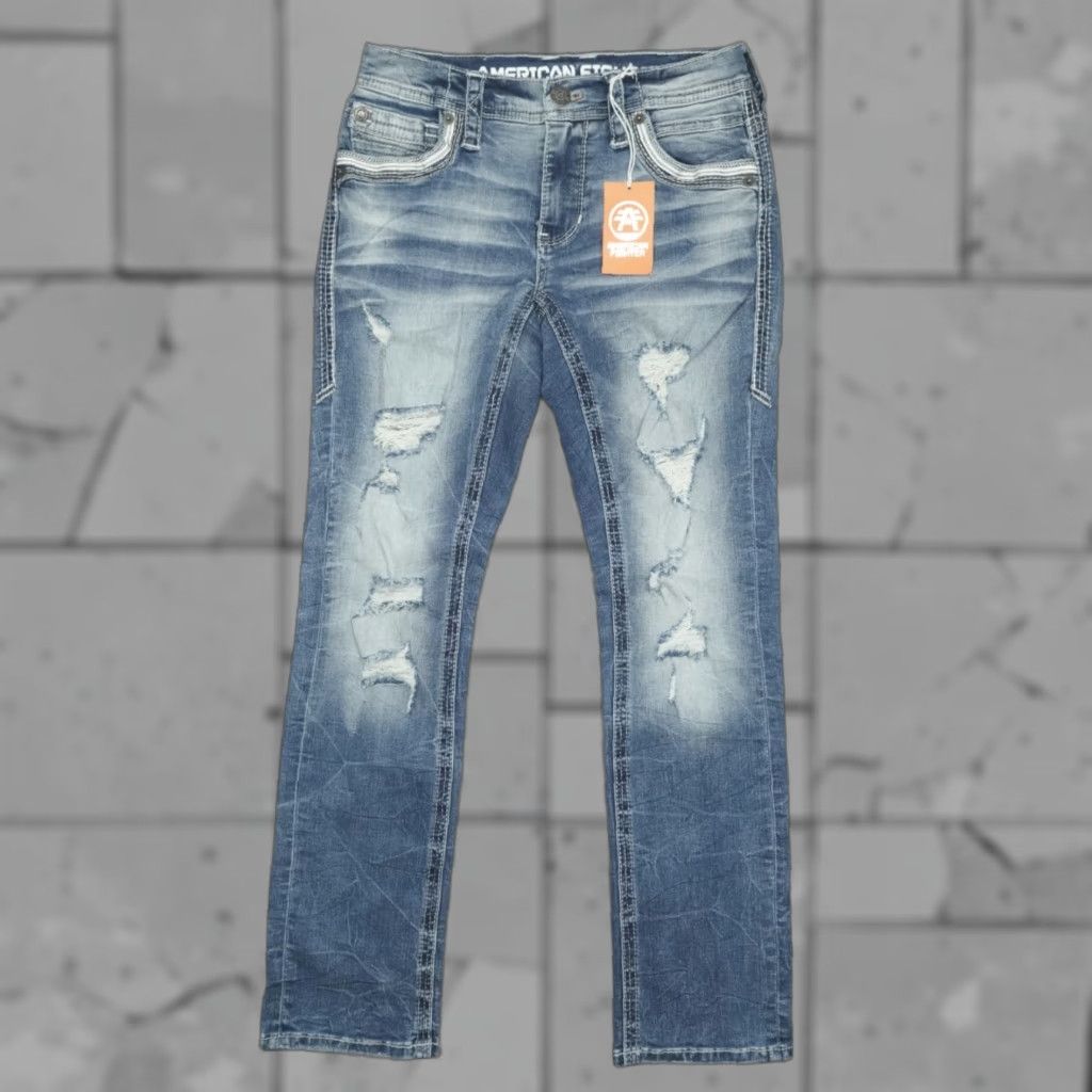 Vintage American Fighter Jeans Slim Straight 28x32 Blue Denim Distressed 5-Pocket Mens 90s Theme Size US 28 / EU 44 - 1 Thumbnail