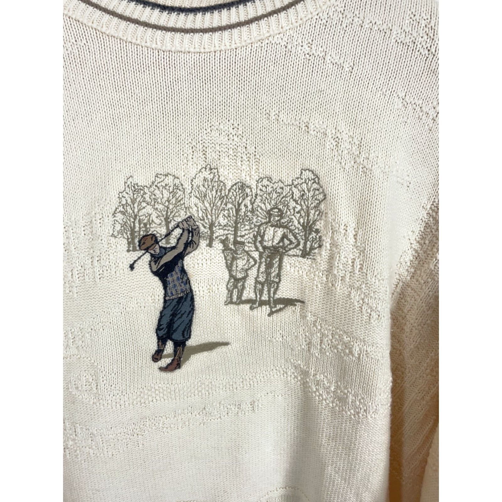 Vintage VINTAGE 90s Golf Motif Sweater Trader Bay Men Large Ivory Embroidered Knit Cotton Textured Crew Neck Pullover Casual Adults Mens Size US L / EU 52-54 / 3 - 6 Thumbnail