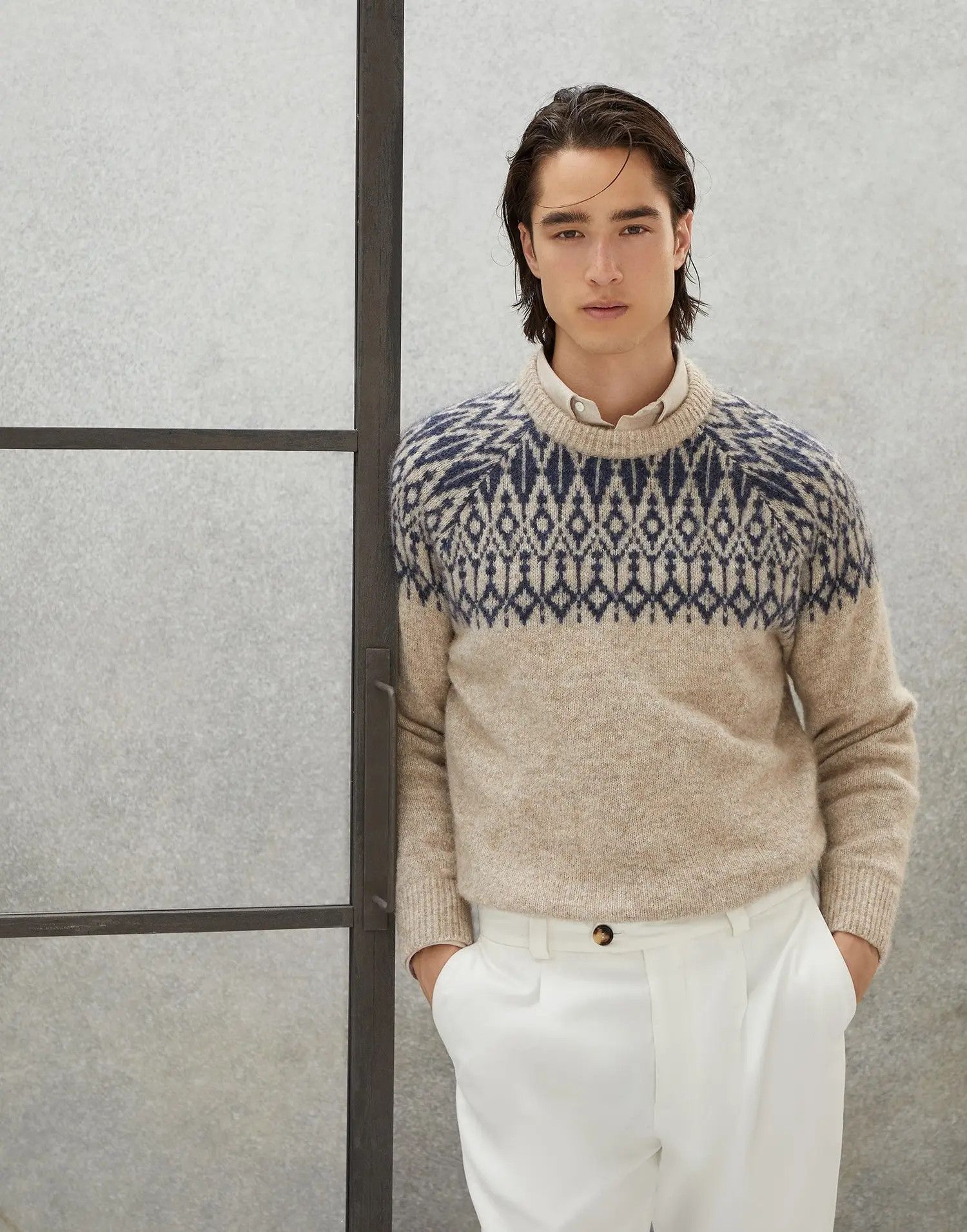 Brunello Cucinelli o1w1db10225 Sweater in Light Beige/Blue Size US M / EU 48-50 / 2 - 4 Thumbnail