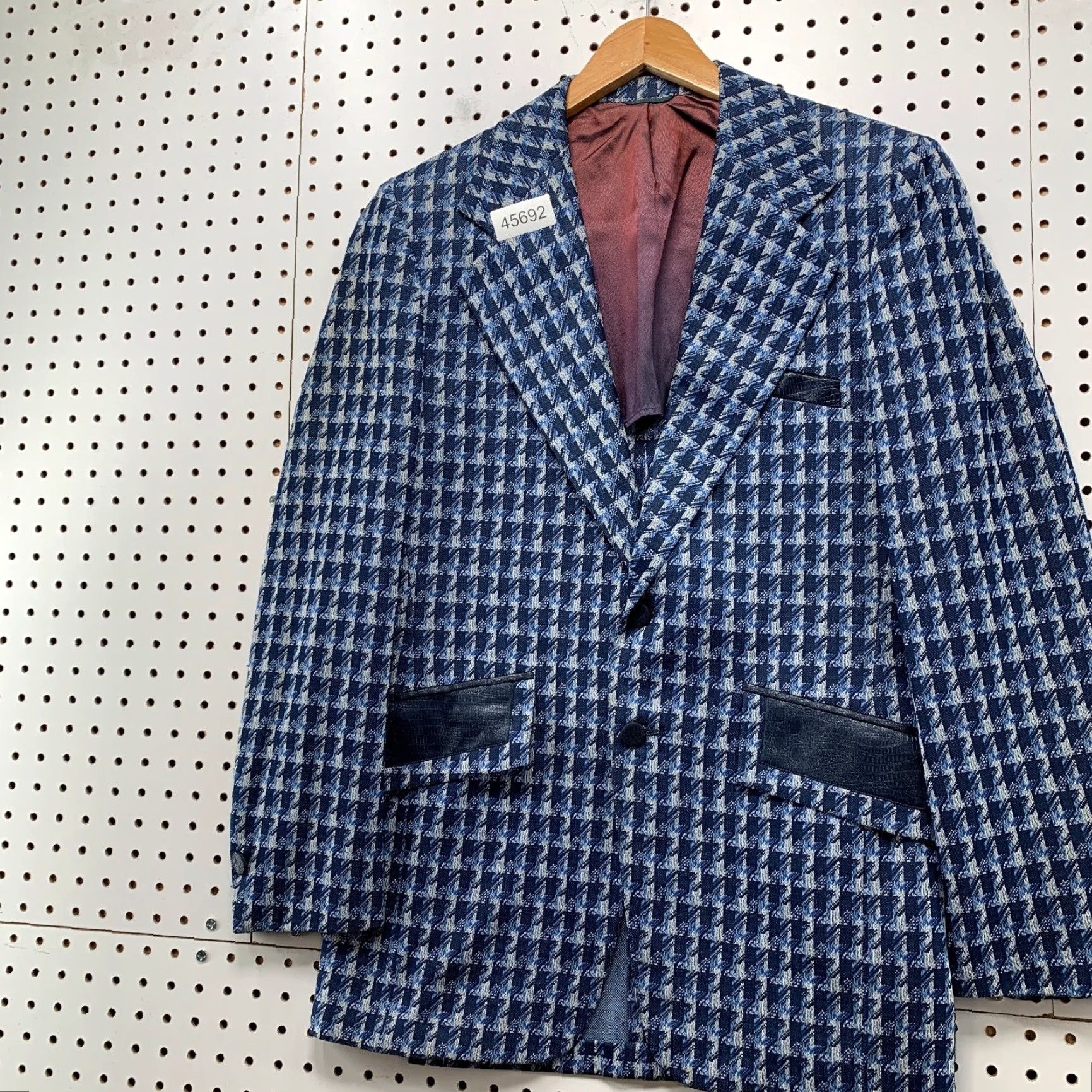 Vintage VINTAGE Blazer Men 36R Wool Linen Houndstooth Blue Two-Button Notch Lapel Made USA 60s 70s Corp 2 Piece Leather Trim Size 36R - 3 Thumbnail