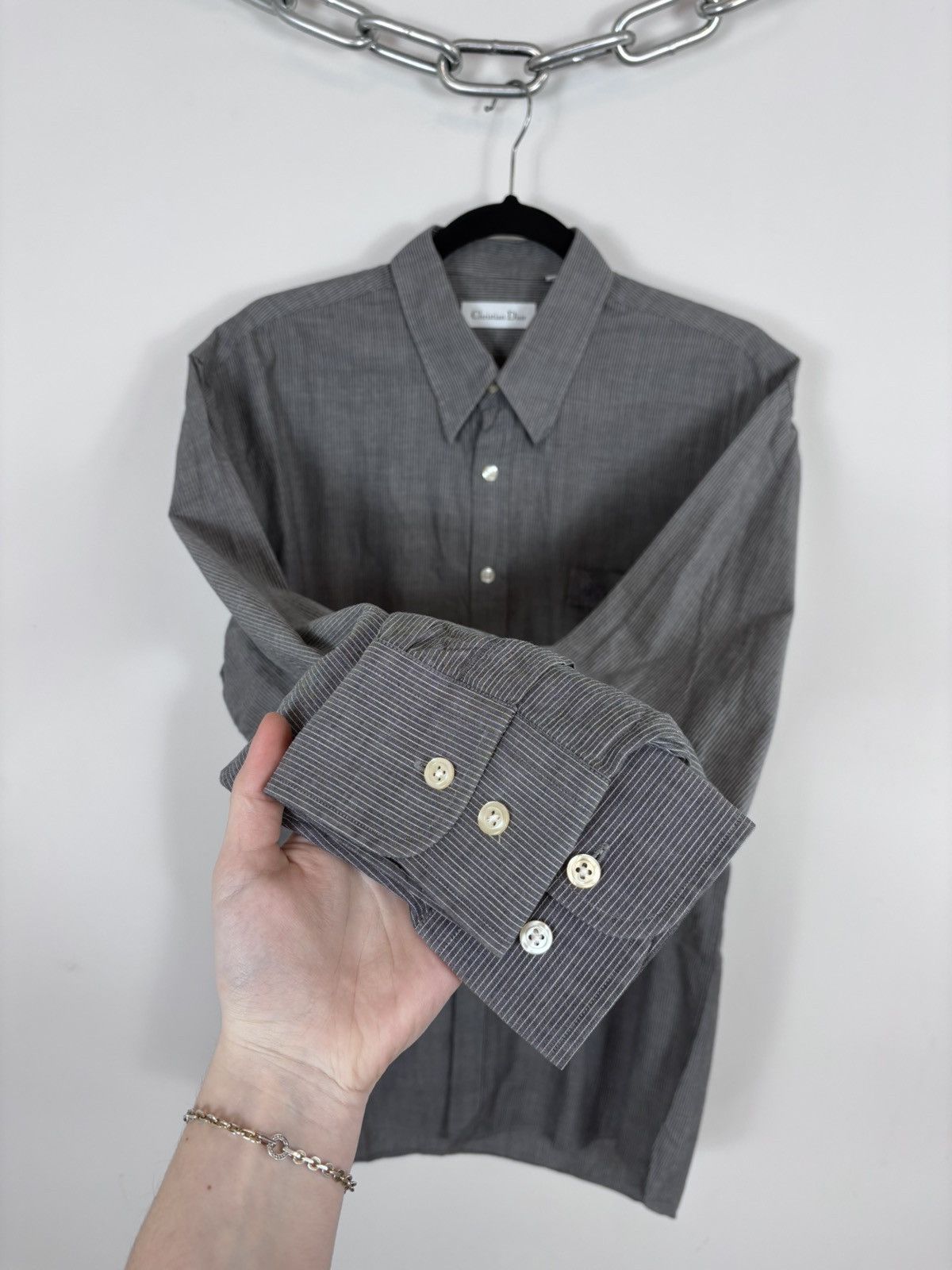 Christian Dior Monsieur Vintage Christian Dior Men’s Grey Striped Button Up Shirt Size US L / EU 52-54 / 3 - 12 Thumbnail