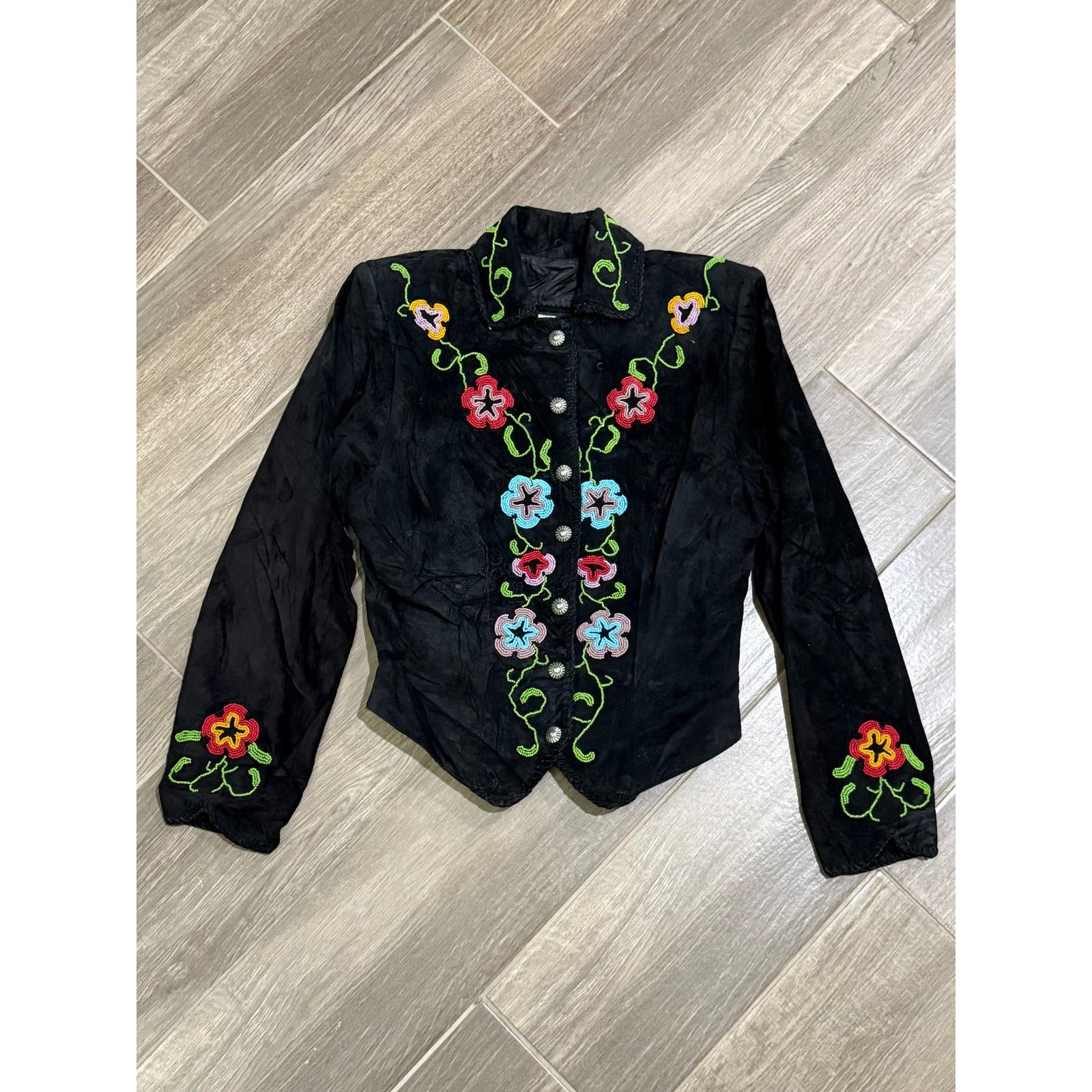 Vintage Vintage 80s Floral Beaded Suede Cropped Women's Jacket Size S / US 4 / IT 40 - 1 Thumbnail