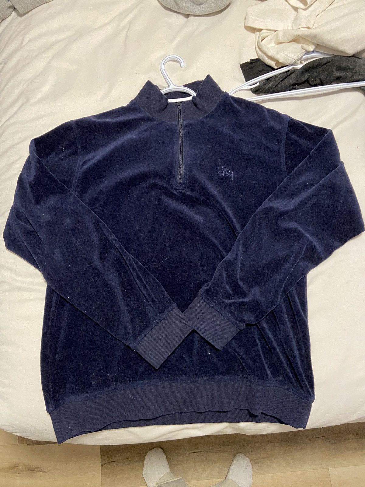 image of Stussy Velour Half Zip in Navy Blue, Men's (Size XL)