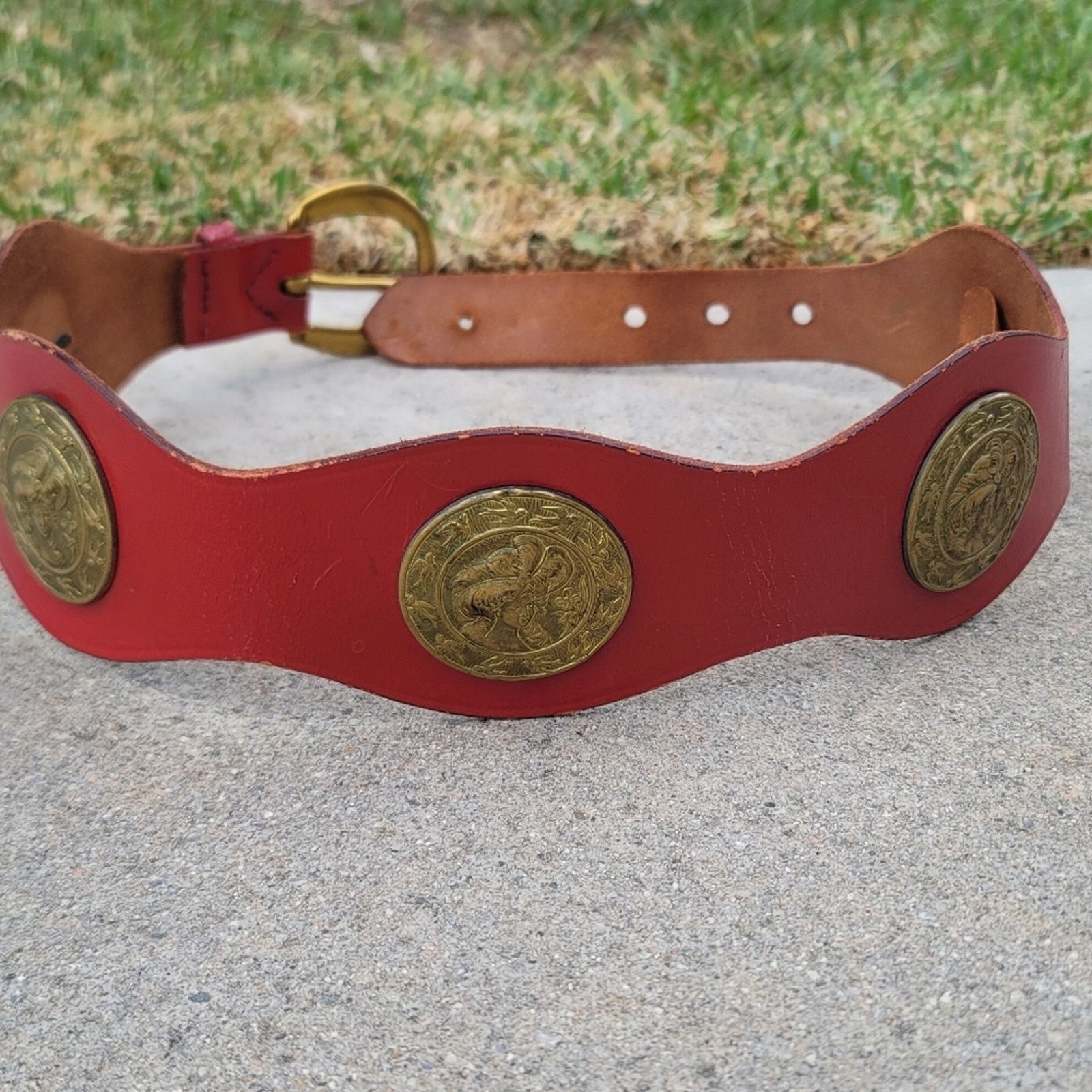 Handmade Vtg Handmade Leather Belt with Brass Victorian Lady Accents Size ONE SIZE - 2 Thumbnail