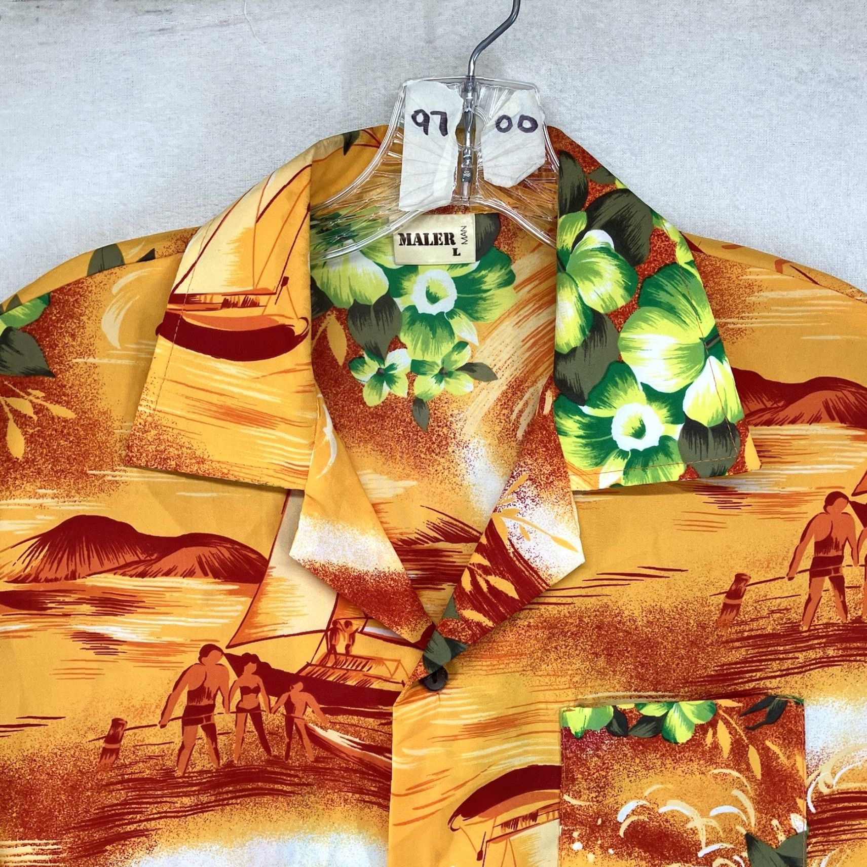 Vintage VINTAGE Maler Hawaiian Shirt Button-Up Men's Short Sleeve 43 in Chest Orange Green Hibiscus Floral Beach Retro Size US M / EU 48-50 / 2 - 3 Thumbnail