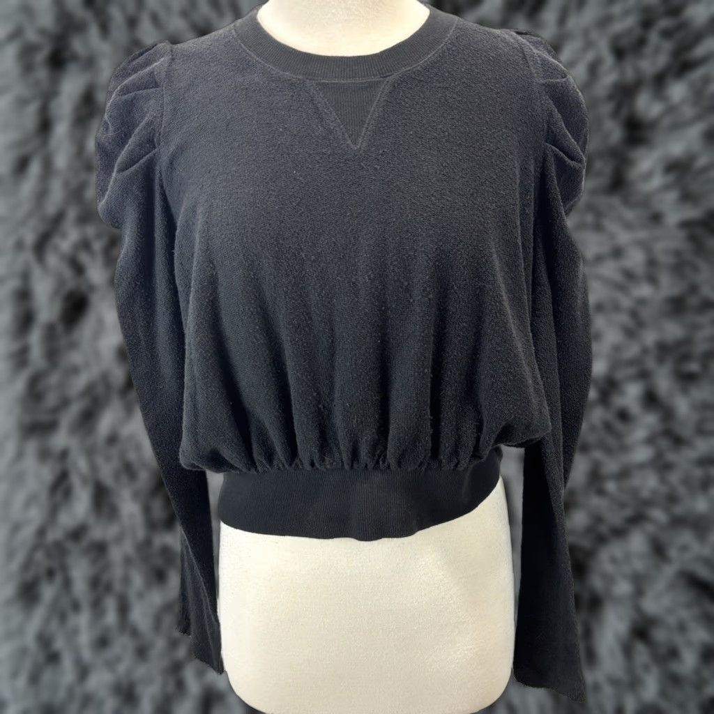 Free People VINTAGE Free People Crop Sweatshirt Women’s Medium Black Bohemian Puff Sleeve Pullover Activewear Size M / US 6-8 / IT 42-44 - 1 Thumbnail