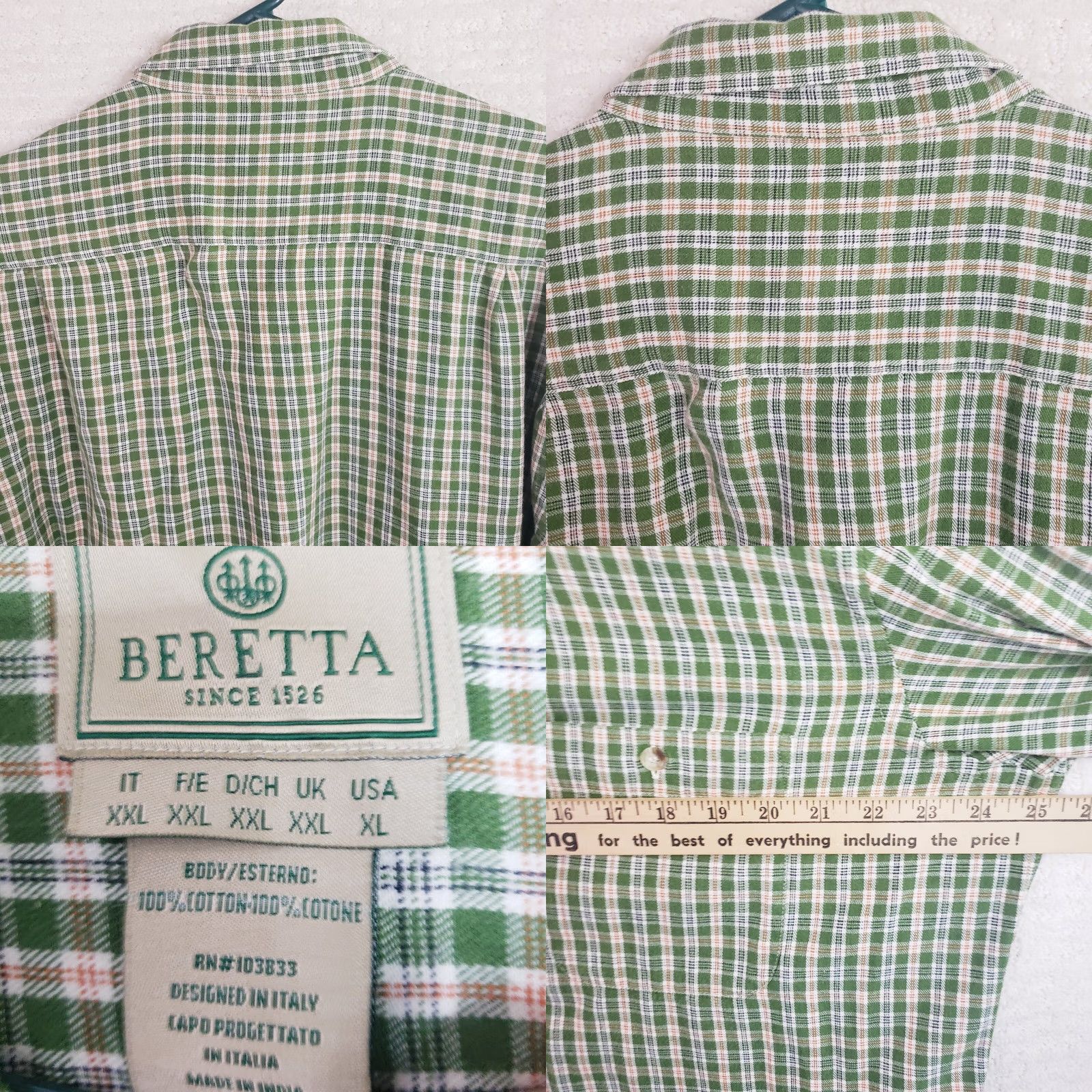 Vintage Beretta Green Plaid Cotton Flannel Button Up Dress Shirt Men's XL Size 42R - 8 Thumbnail