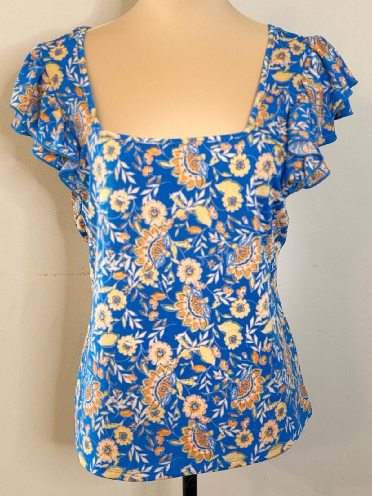 L'Eclaireur Eclair blue & yellow floral top short ruffled sleeves SZ LG Size L / US 10 / IT 46 - 5 Thumbnail