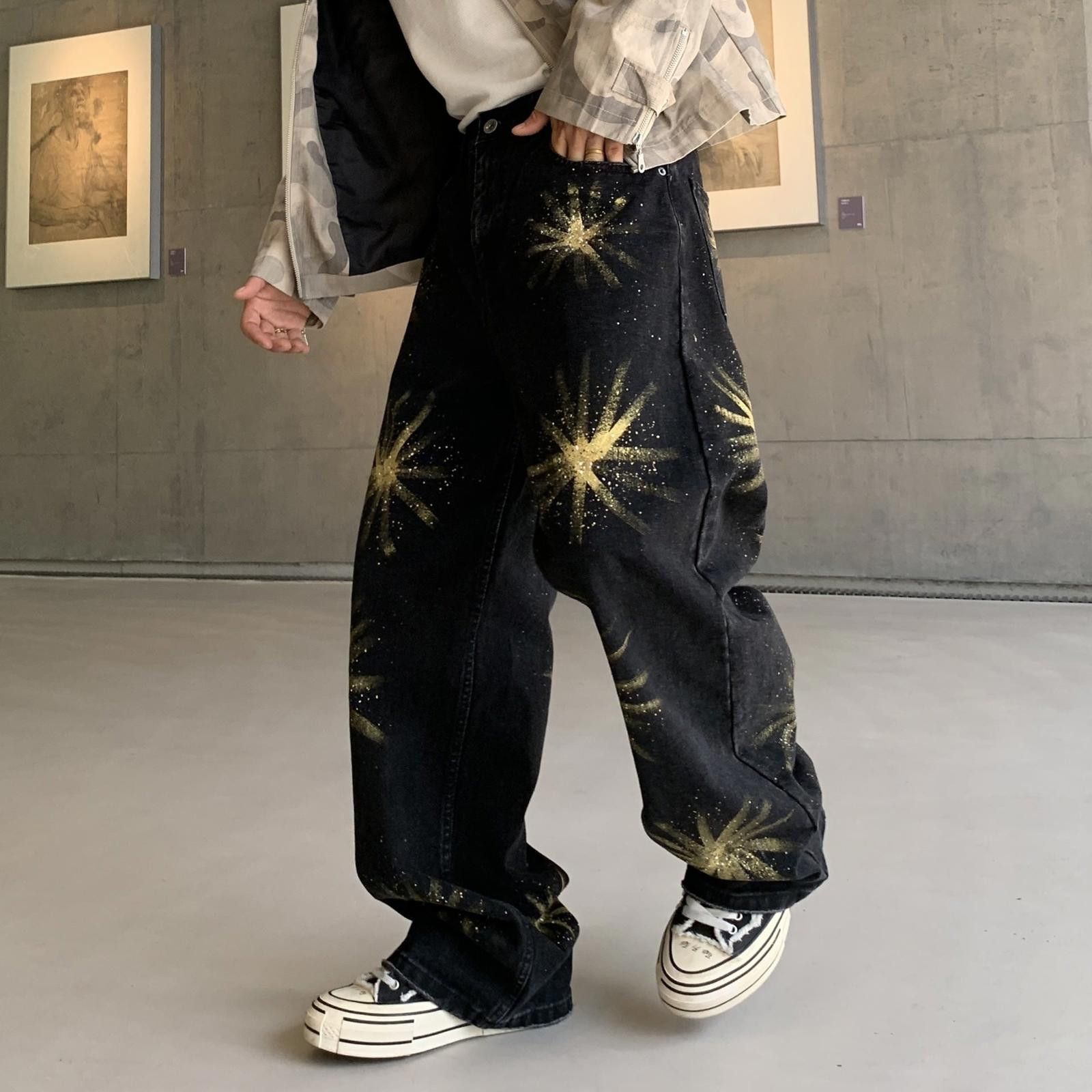 Vintage Black Baggy Wide Leg Jeans with Gold Starburst Print Size US 32 / EU 48 - 3 Thumbnail