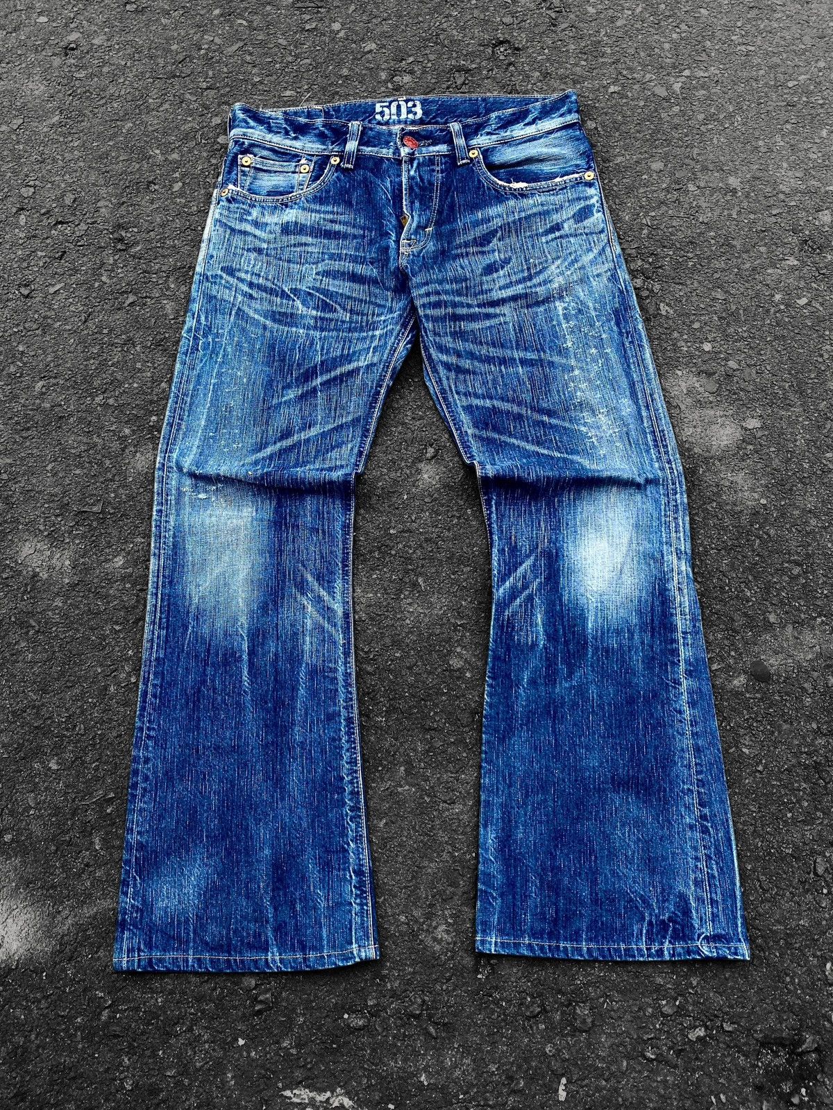 Edwin Vtg Flare Edwin 503 Blue Trip Crazy Faded Denim🇯🇵 Size US 34 / EU 50 - 4 Thumbnail