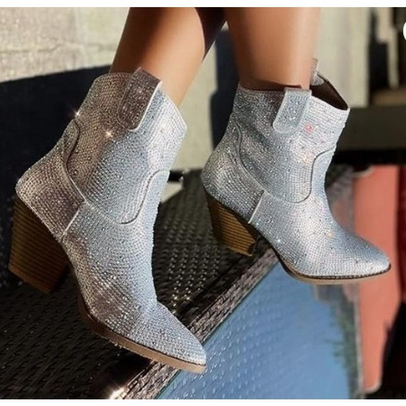 Other Forever Silver Rhinestone Cowboy Ankle Boots - Size 7 Size US 7 / IT 37 - 7 Thumbnail