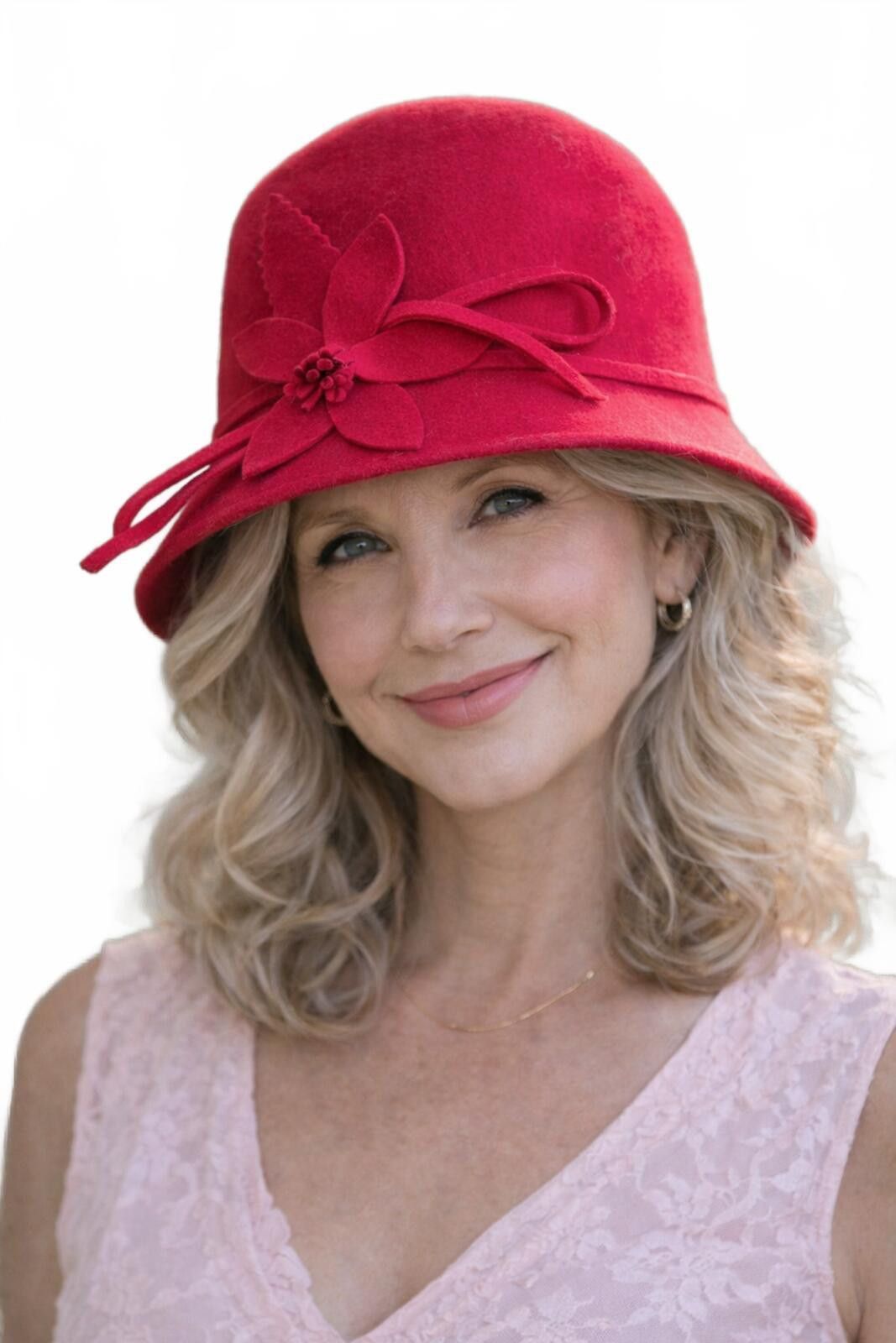 Other Elegant Red Wool Cloche Hat with Floral Accent Size One Size ONE SIZE - 1 Thumbnail