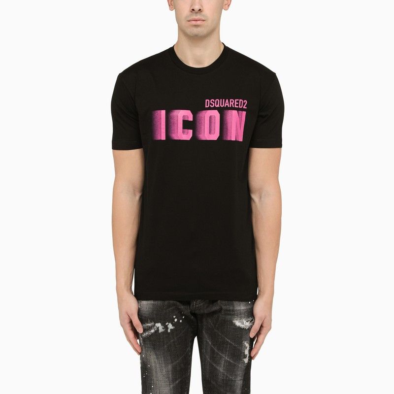 image of Dsquared2 Black Crew-Neck T-Shirt With Pink Icon Print, Men's (Size XL)