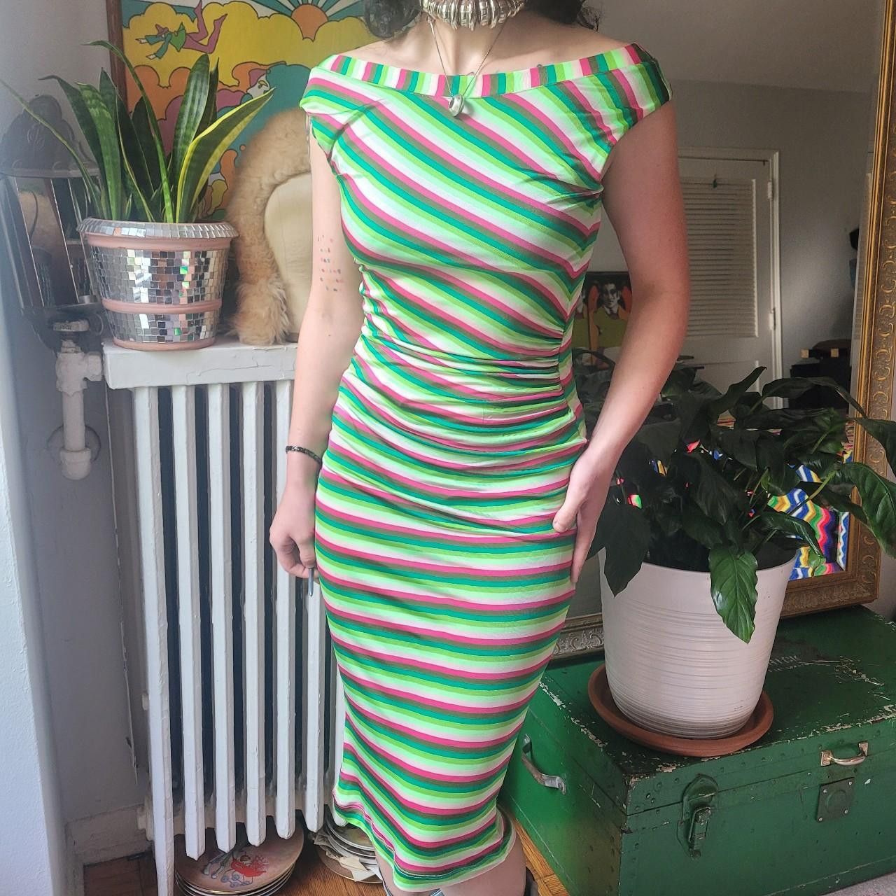 image of Fuzzi NWT Green/pink Striped Mesh Ruched Dress S Midi V Back in Watermelon, Women's (Size Small)