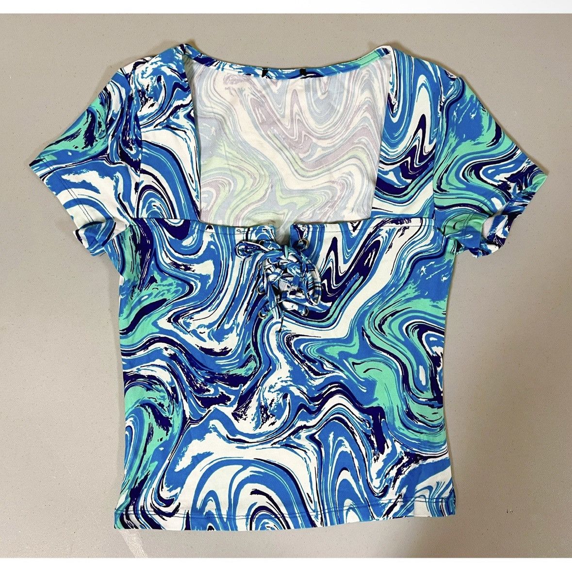 Japanese Brand Blue White Swirl Print Lace-Up Top Shirt Blouse Tee Size S🩵💙 Size S / US 4 / IT 40 - 3 Thumbnail