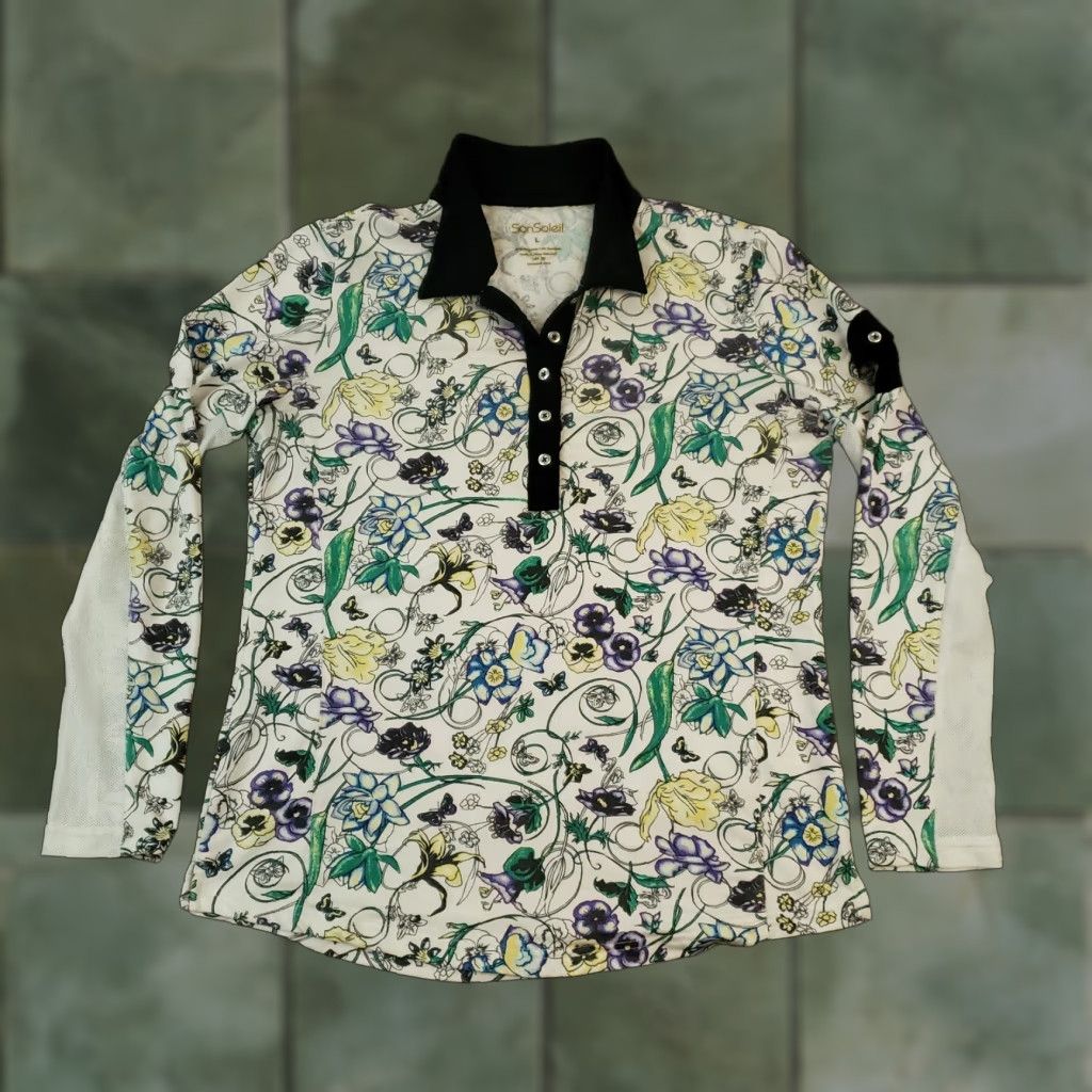 Vintage San Soleil Women's Long Sleeve Polo Shirt, White Floral, Large, Breathable, UV 50 SPF, Stretch Mesh Size L / US 10 / IT 46 - 1 Thumbnail