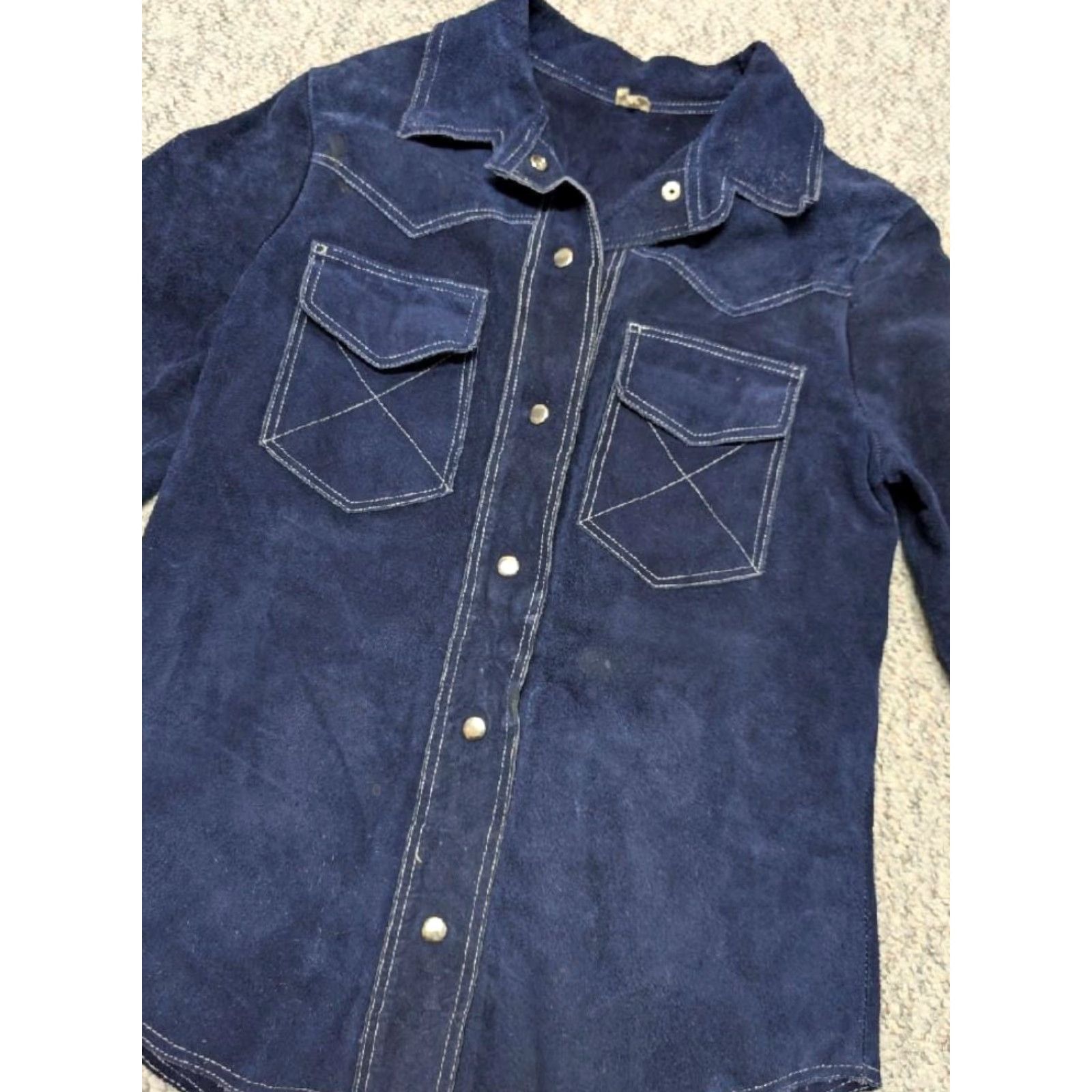 Vintage VINTAGE blue jacket Western trucker jacket Unisex Adults S Blue 1970s split suede cowhide leather snap Western trend Mens Womens Size US S / EU 44-46 / 1 - 7 Thumbnail