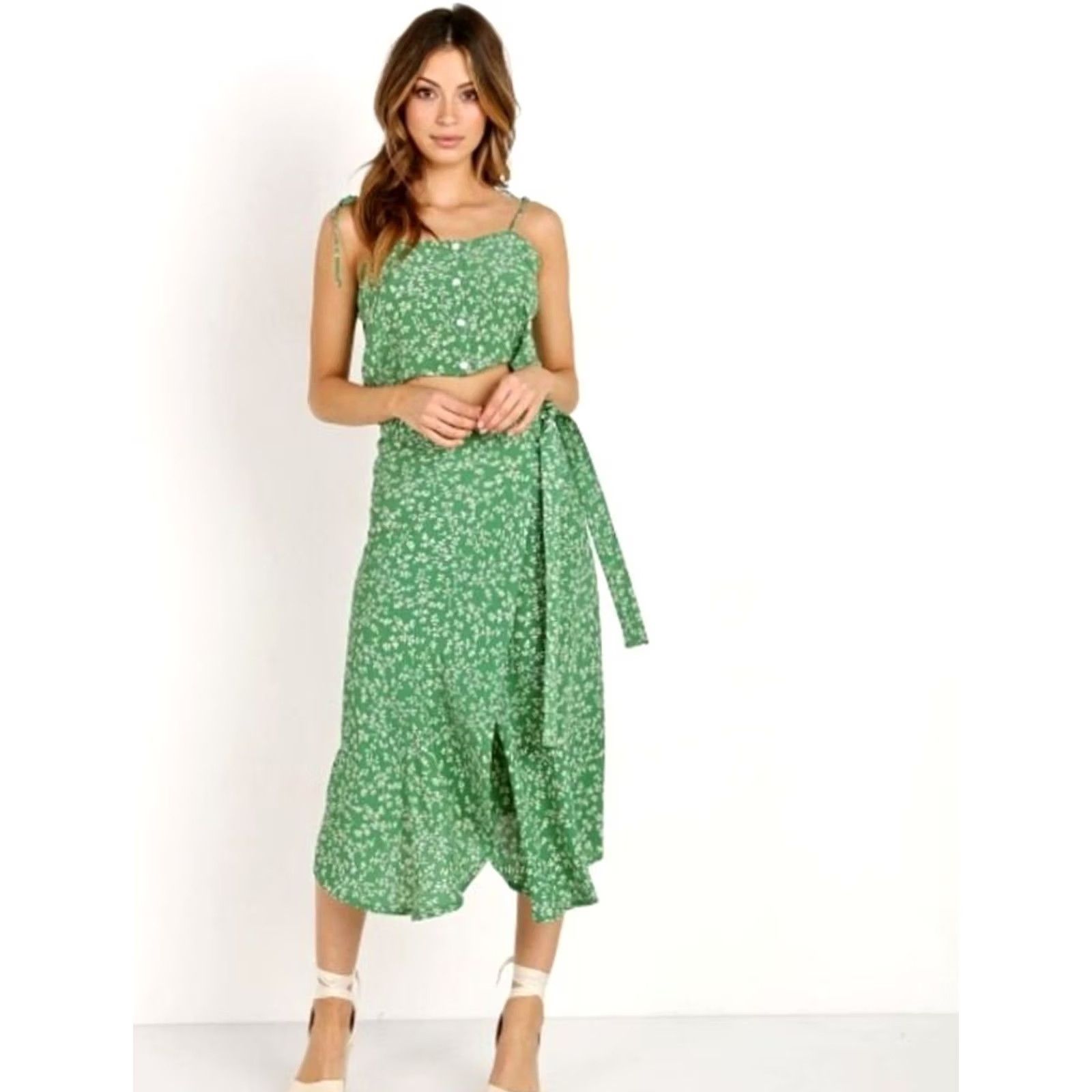 Vintage FAITHFULL THE BRAND Dress Set Violette Green Floral Midi Sleeveless A-Line 2 Women Size XS / US 0-2 / IT 36-38 - 2 Thumbnail