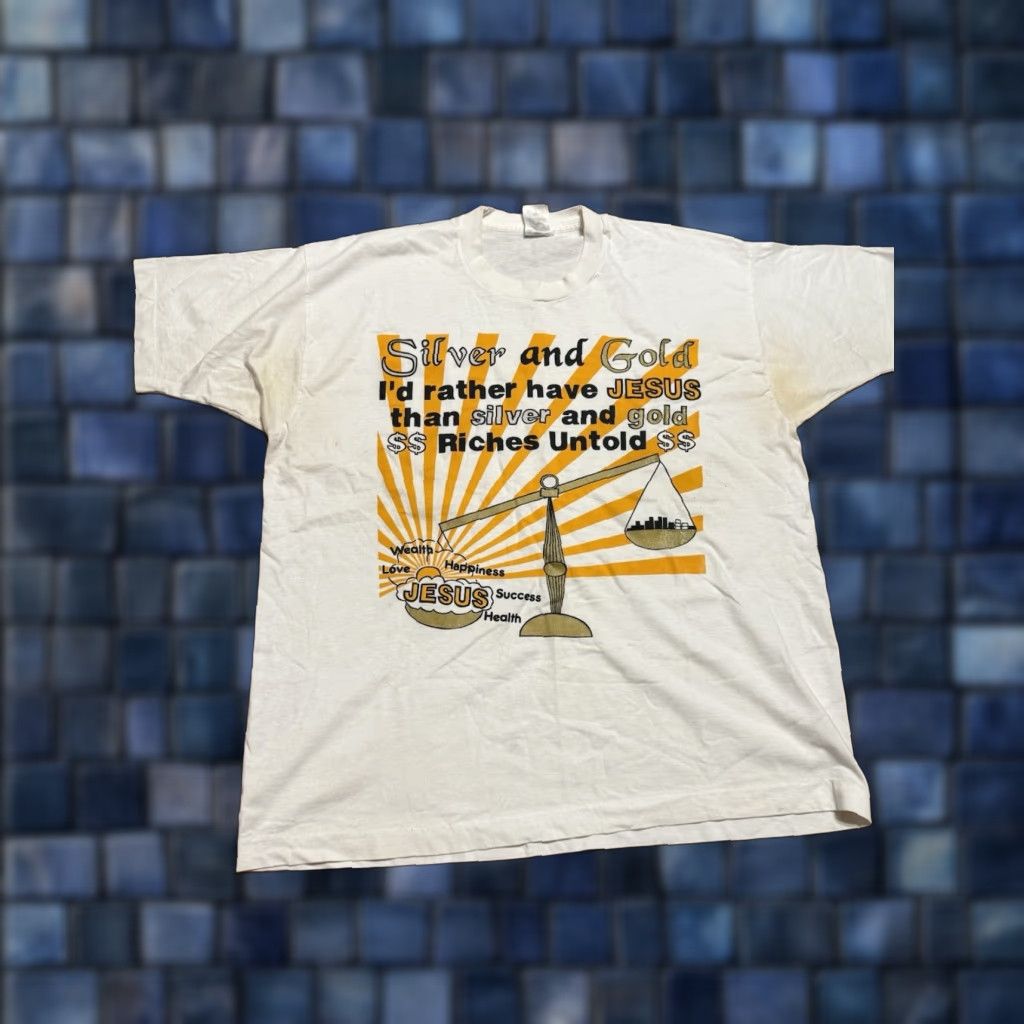 Fruit Of The Loom VINTAGE Jesus Tee Silver And Gold I’d Rather Have Jesus Single Stitch Shirt 2XL Size US XXL / EU 58 / 5 - 1 Thumbnail