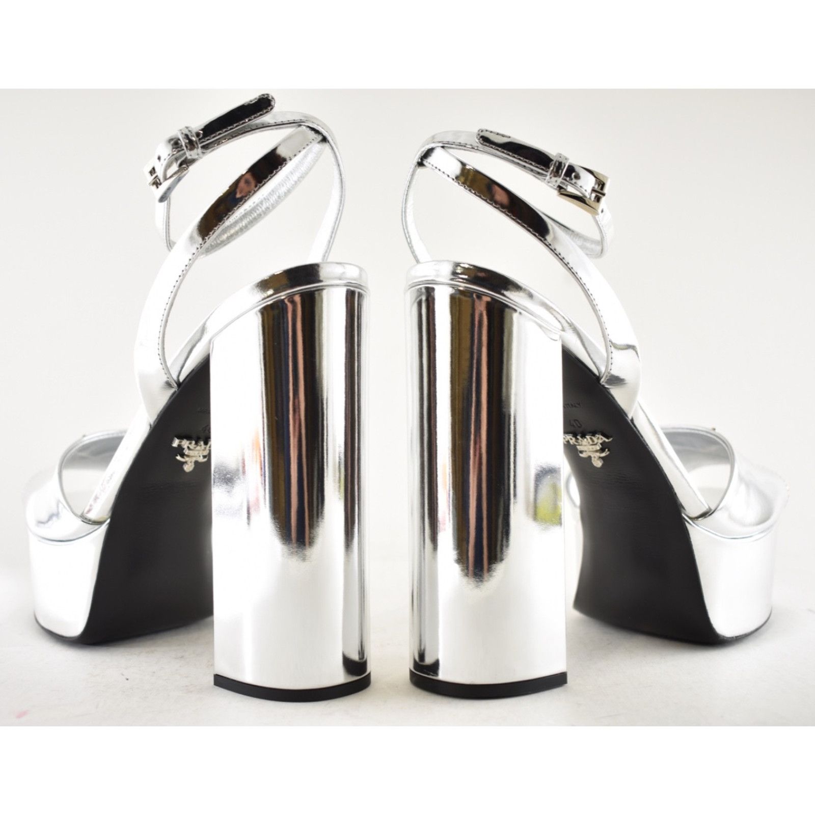 Prada Prada 135mm Metallic Silver Logo Platform Sandal Size US 10 / IT 40 - 18 Thumbnail