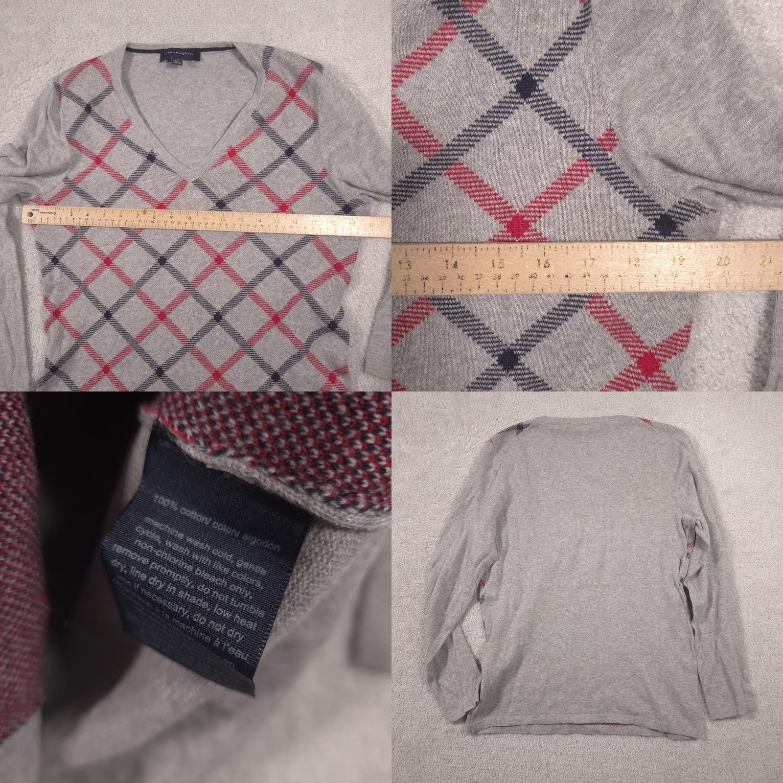 Tommy Hilfiger Tommy Hilfiger Sweater Womens L Gray V-Neck Argyle Lightweight Knit Pullover Size L / US 10 / IT 46 - 8 Thumbnail