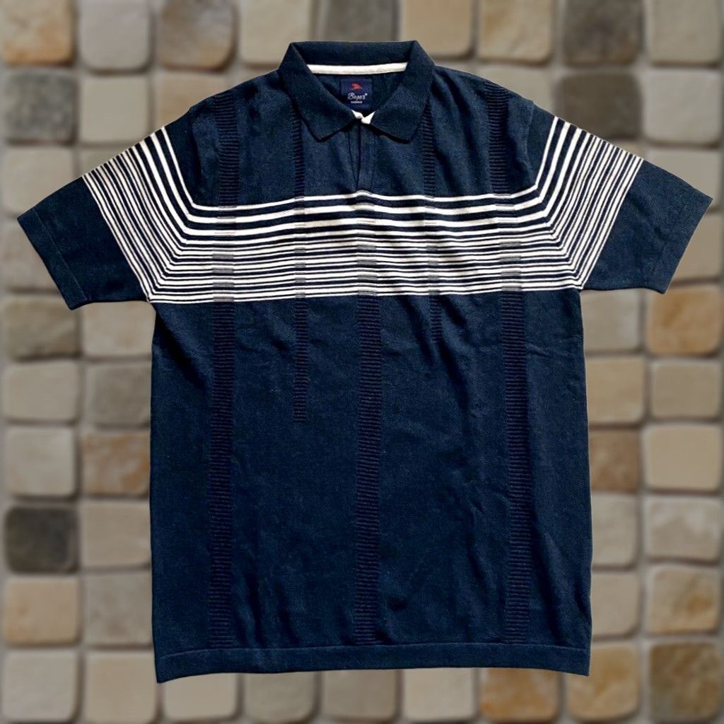 Vintage Baga's Men Knit Polo Shirt L Blue Gray Striped Short Sleeve Collared City Preppy Vintage? Size US L / EU 52-54 / 3 - 1 Thumbnail