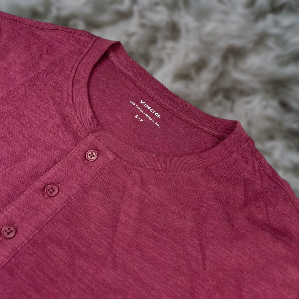 Vince Men's Cotton Henley T-Shirt Short Sleeve Burgundy Small Classic