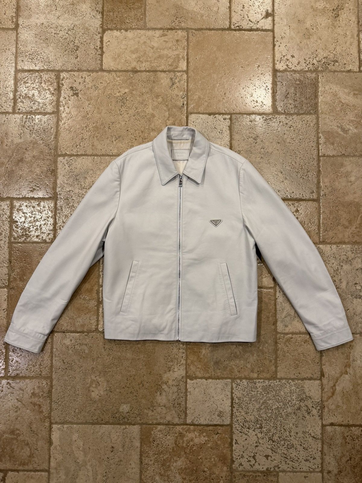 Prada Prada Nappa White / Light Grey Leather Zip Up Blouson Jacket Size US L / EU 52-54 / 3 - 3 Thumbnail