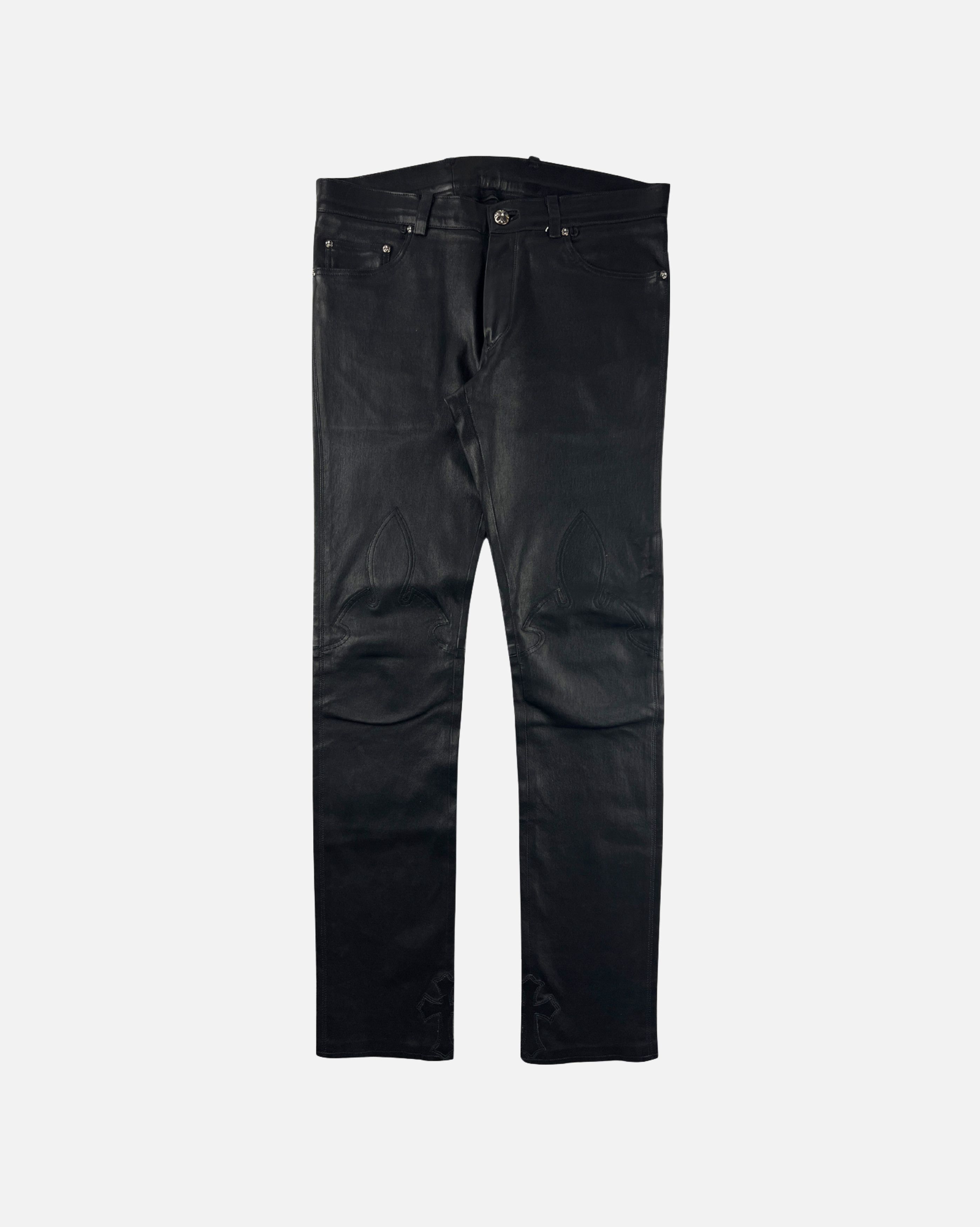 image of Chrome Hearts Leather Fleur Patch Jeans in Black, Men's (Size 30)