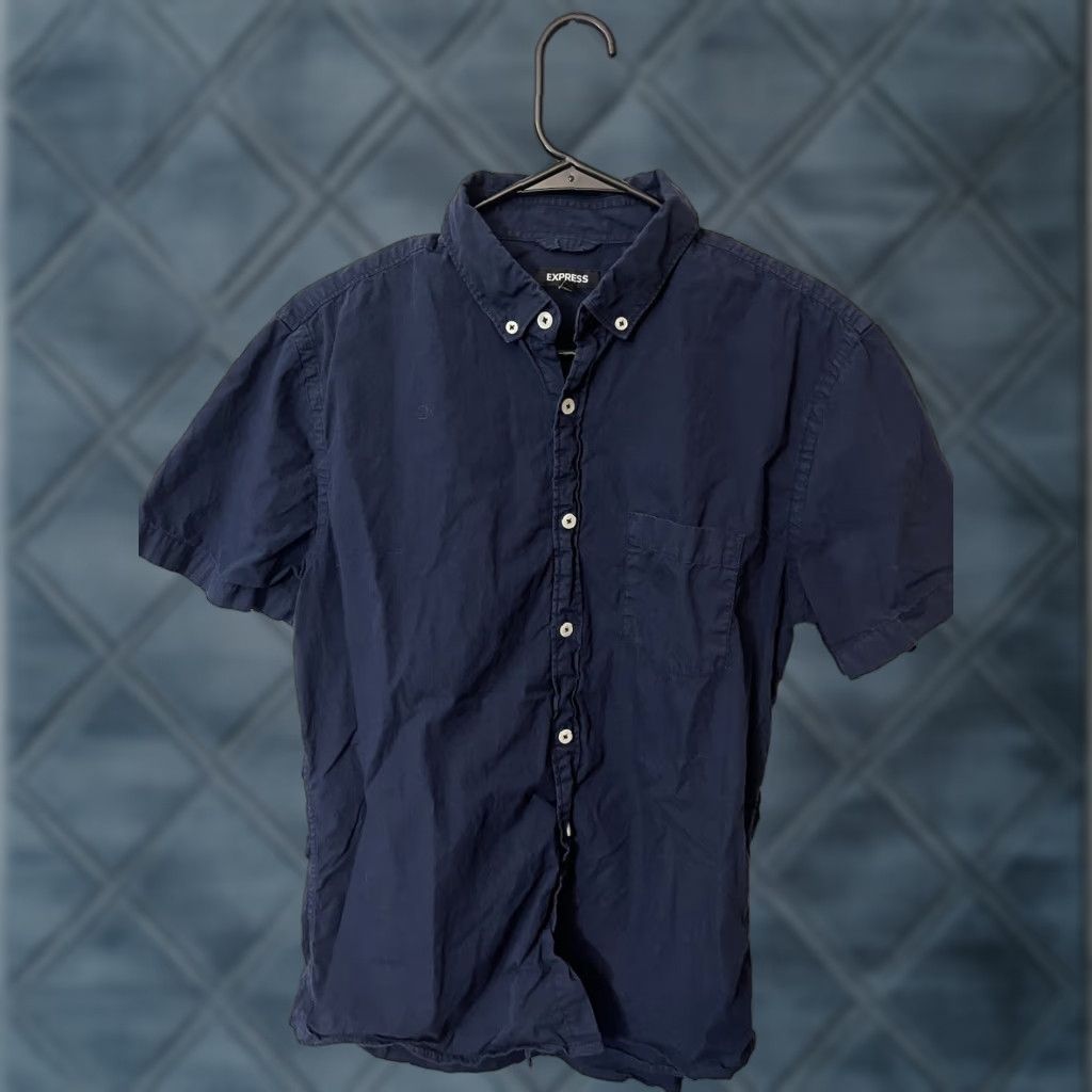 Express Express Shirt Mens Button-Up Knit Cotton Navy Blue Short Sleeve Casual M Size US M / EU 48-50 / 2 - 1 Thumbnail
