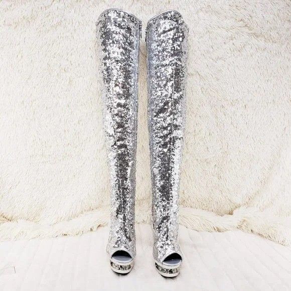 Other Blondie 3011 Silver Sequin Slouchy High Heel Platform Thigh Size US 11 / IT 41 - 3 Thumbnail