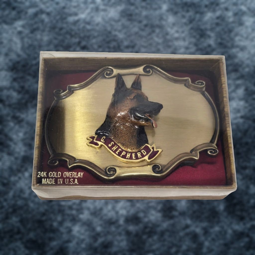 Vintage VINTAGE German Shepherd Dog Raintree Belt Buckle 24k Gold Overlay Original Box Men Size ONE SIZE - 1 Thumbnail