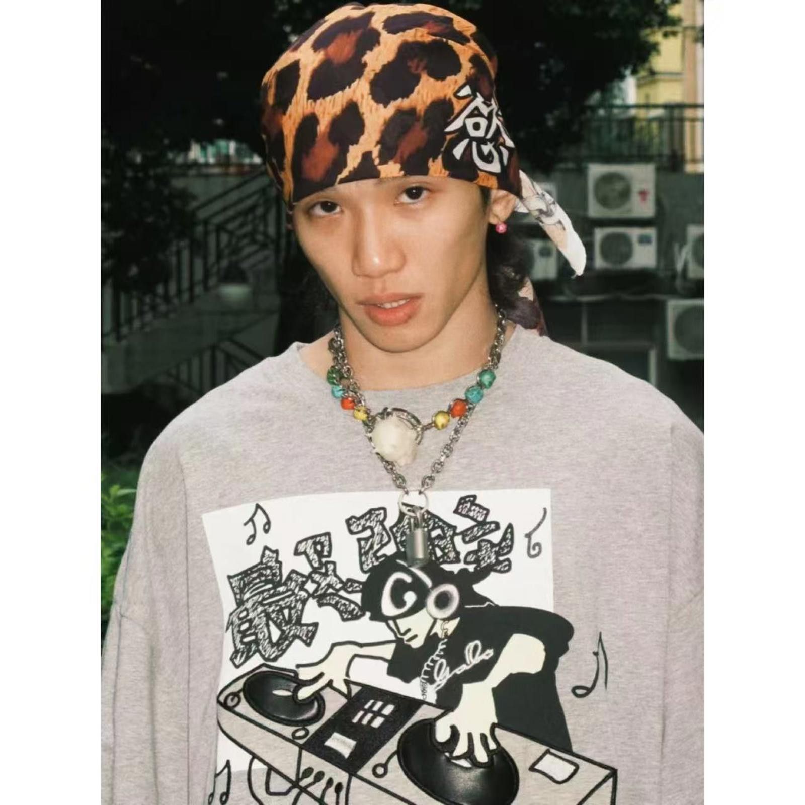 Japanese Brand Y2k Leopard Print Scarf Bandana Chain Border Chinese “Yù” Size ONE SIZE - 1 Thumbnail