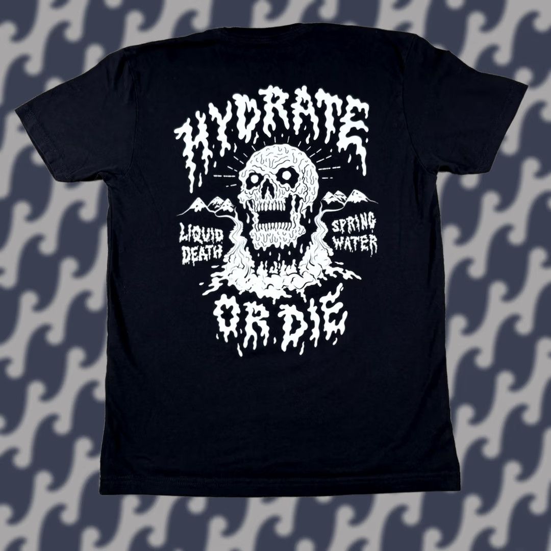 Logo 7 Liquid Death Hydrate or Die Spring Water T-Shirt Skull Logo 2 Sided • Sz Medium Mens Short Sleeve Black Cotton Regular Fit Crew Neck Vintage: No Size US M / EU 48-50 / 2 - 1 Thumbnail