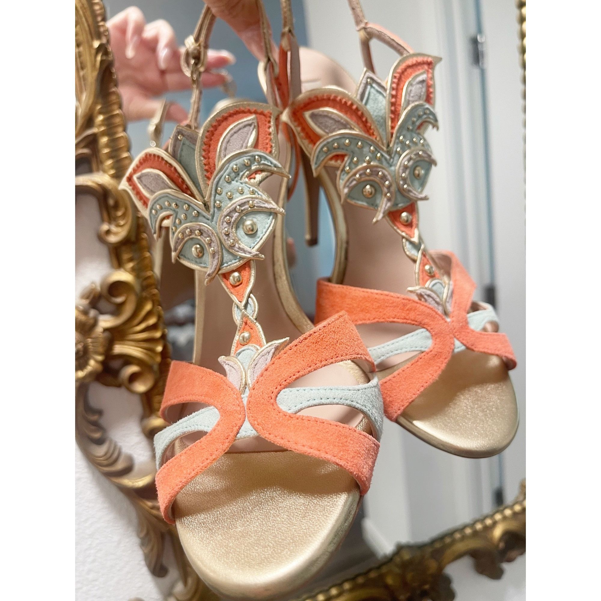 Other Pura Lopez Coral & Mint Leather & Suede Strappy Heels With G Size US 7.5 / IT 37.5 - 4 Thumbnail