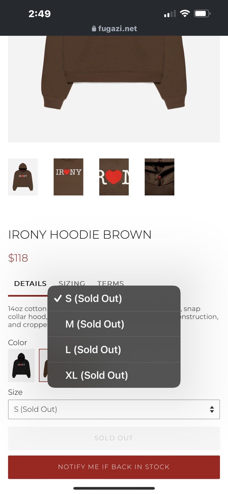 Fugazi Fugazi Irony Hoodie Brown M Size US M / EU 48-50 / 2 - 9 Thumbnail