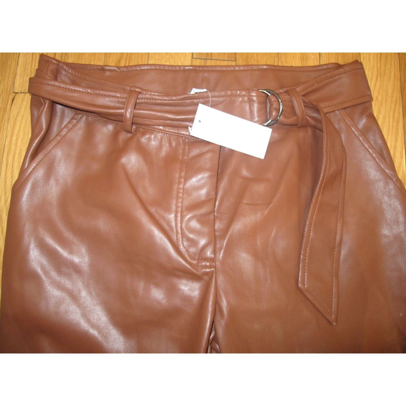 Vintage Single Thread Faux Leather Pants Women's L Brown 100% Polyurethane Belted Waist Ankle Straight Regular Fall Winter Spring Casual Womens Size 36" / US 14 / IT 50 - 3 Thumbnail