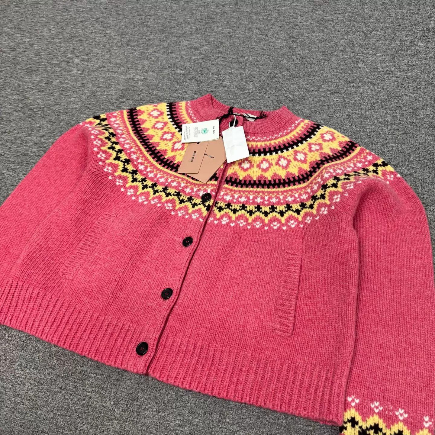 Miu Miu MIU MIU Women's Pink Fair Isle Short Knit Cardigan 40 Size S / US 4 / IT 40 - 4 Thumbnail