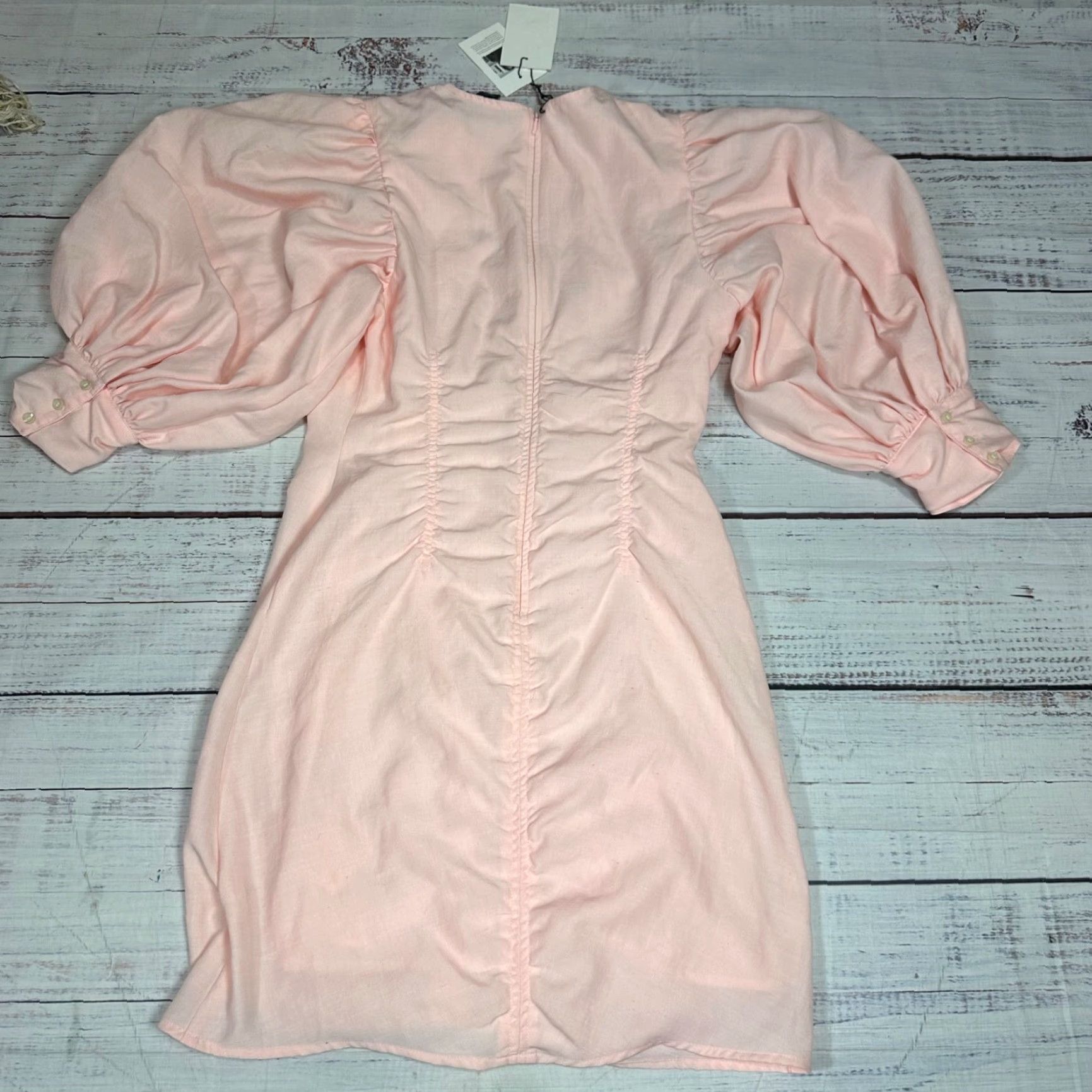 Vintage Something Navy Pink Mini Dress XS Balloon Sleeve Ruched Back Zip Womens Dress Size XS / US 0-2 / IT 36-38 - 5 Thumbnail