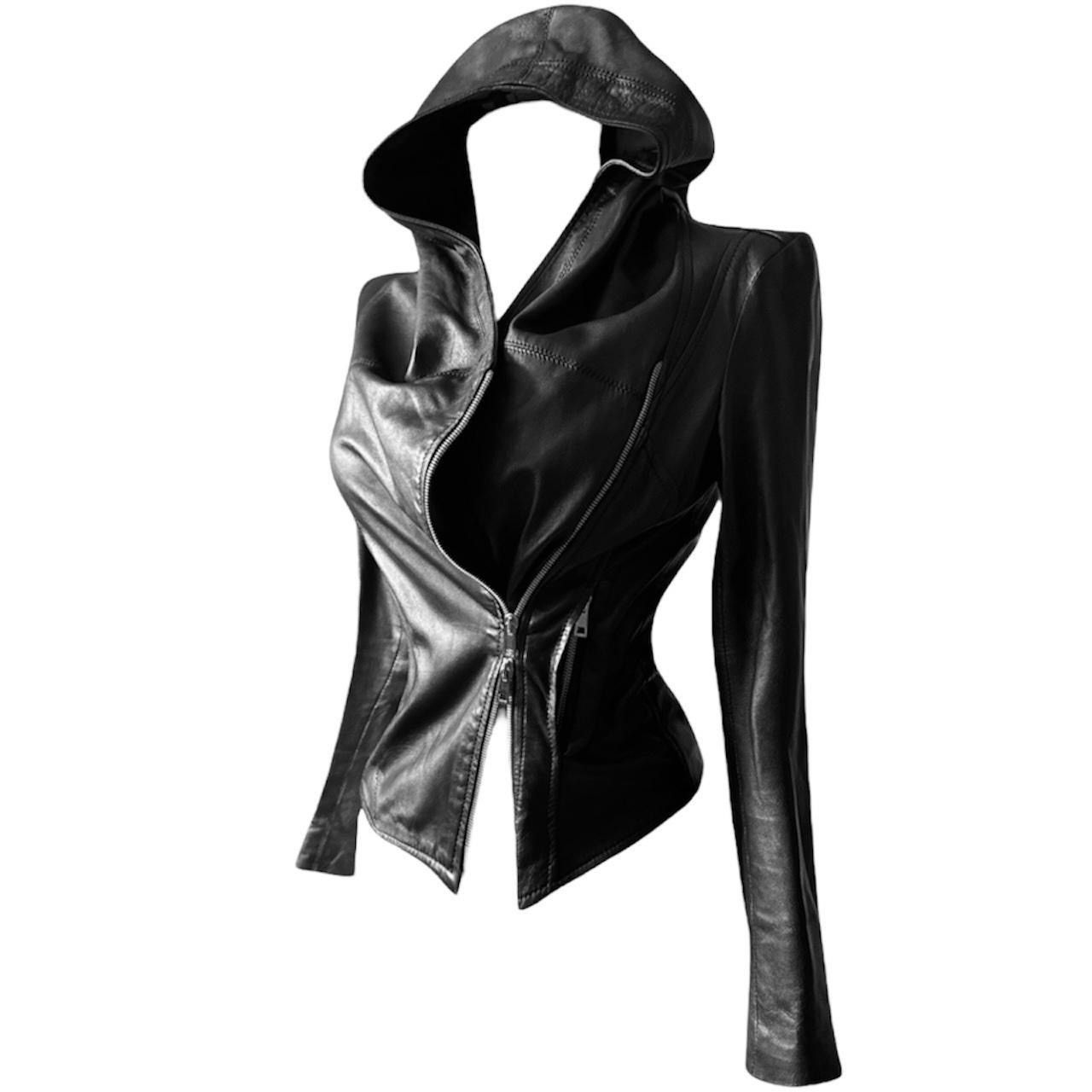 Vintage itted leather biker draped avant garde jacket with hood Size S / US 4 / IT 40 - 2 Thumbnail