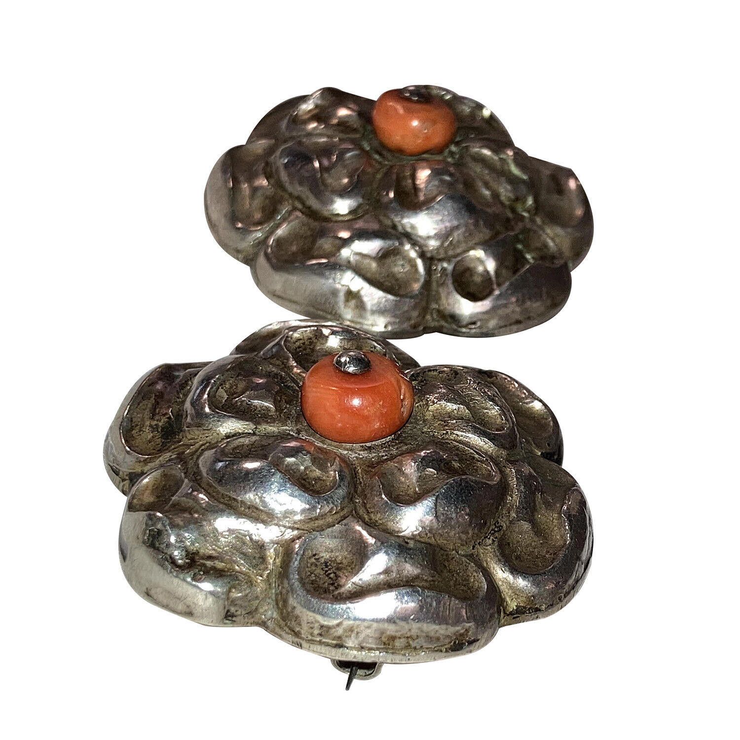 Designer Chinese Flower 900 Silver Pins with Red Coral Bead Accents Size ONE SIZE - 4 Thumbnail
