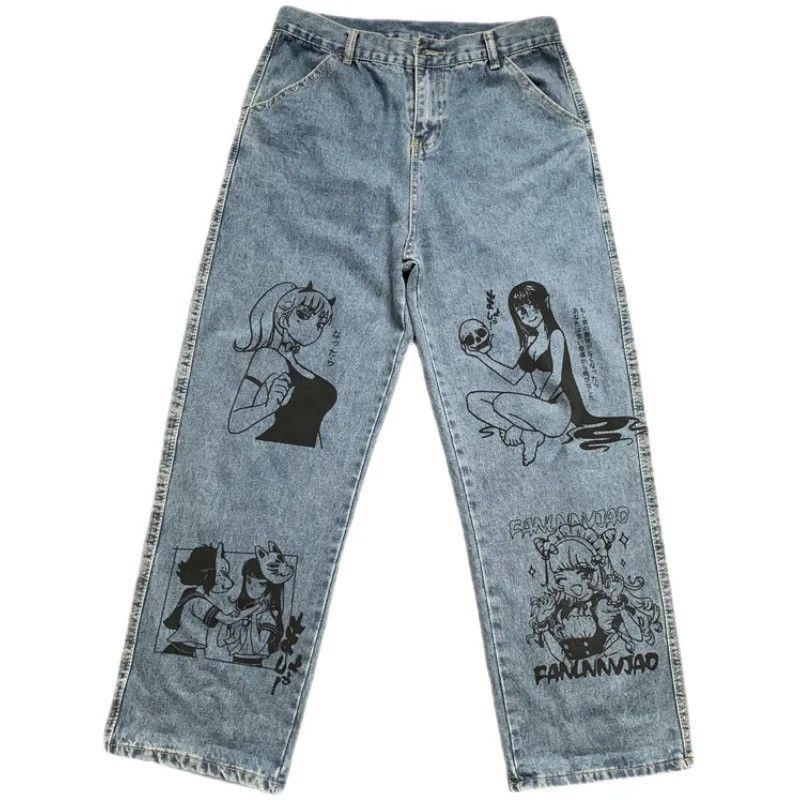 Japanese Brand Unisex jeans graffiti print Korean American hip-hop style Size US 32 / EU 48 - 4 Thumbnail