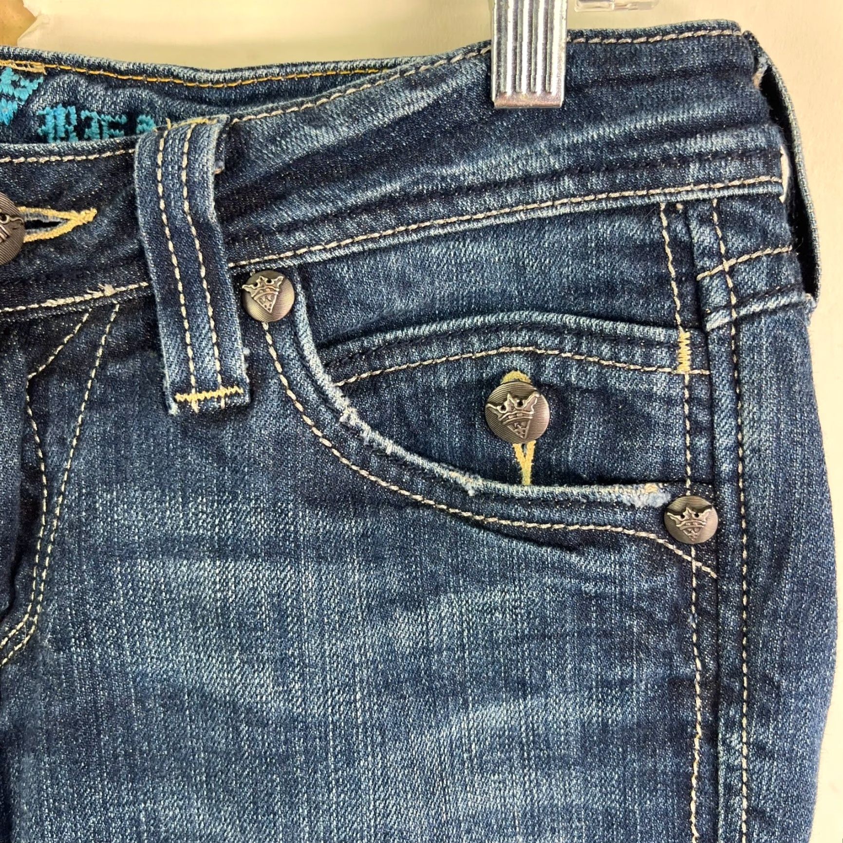 Vintage VINTAGE Sang Real Princess Angel Jeans Women 29 Boot Cut Denim Blue Embroidered Rhinestone Studded 5-Pocket Low Rise 32 Inseam 90s Bohemian Womens Size 29" - 5 Thumbnail
