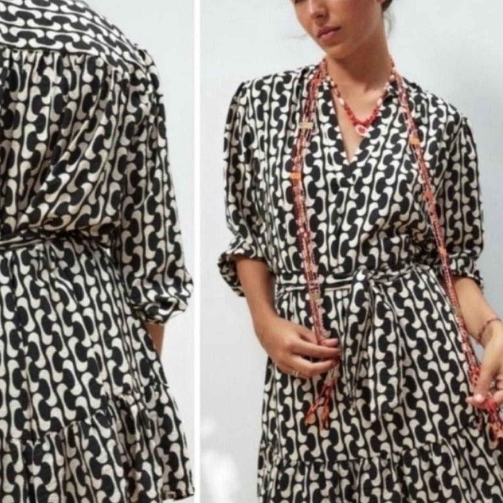 Zara ZARA LS Black & Cream Print Belted Mini Dress ‘The Paula’ Size S / US 4 / IT 40 - 1 Thumbnail