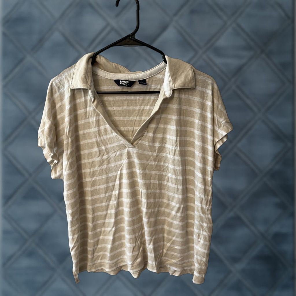 Lands' End Lands' End Women's Polo Shirt Beige Striped V-Neck Short Sleeve Linen Blend Size Large Top Casual Size L / US 10 / IT 46 - 1 Thumbnail