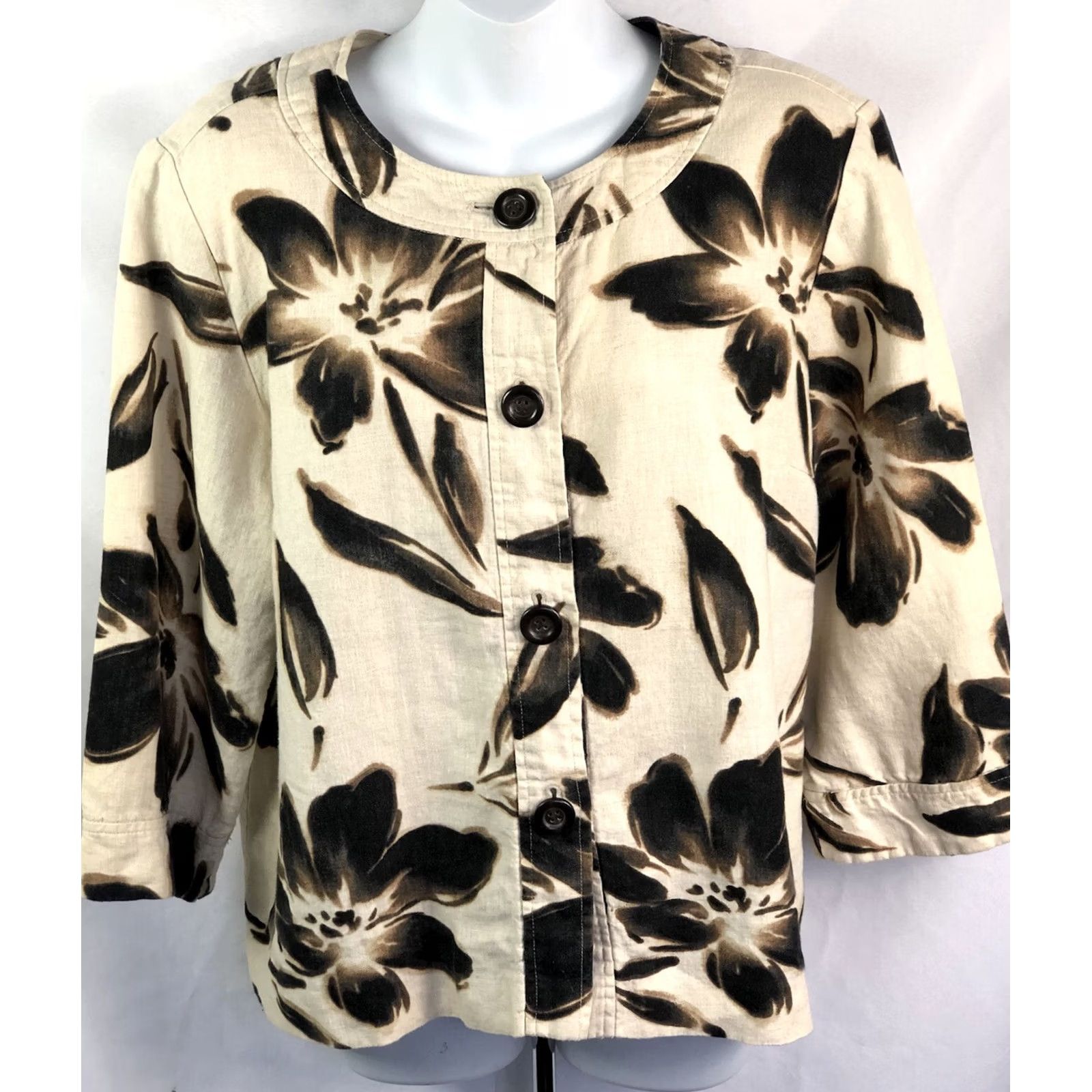 JM Collection JM Collection Linen Top Blouse 16 Brown Floral 3/4 Sleeve Round Neck Casual Workwear Boho Fairy Womens Size XXL / US 16-18 / IT 52-54 - 6 Thumbnail